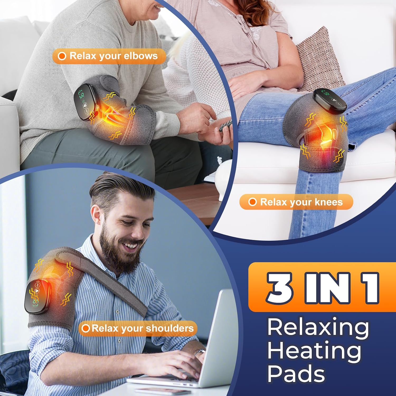 Drei Bilder zeigen Personen mit 3-in-1-Heizkissen für Ellbogen, Knie und Schultern.