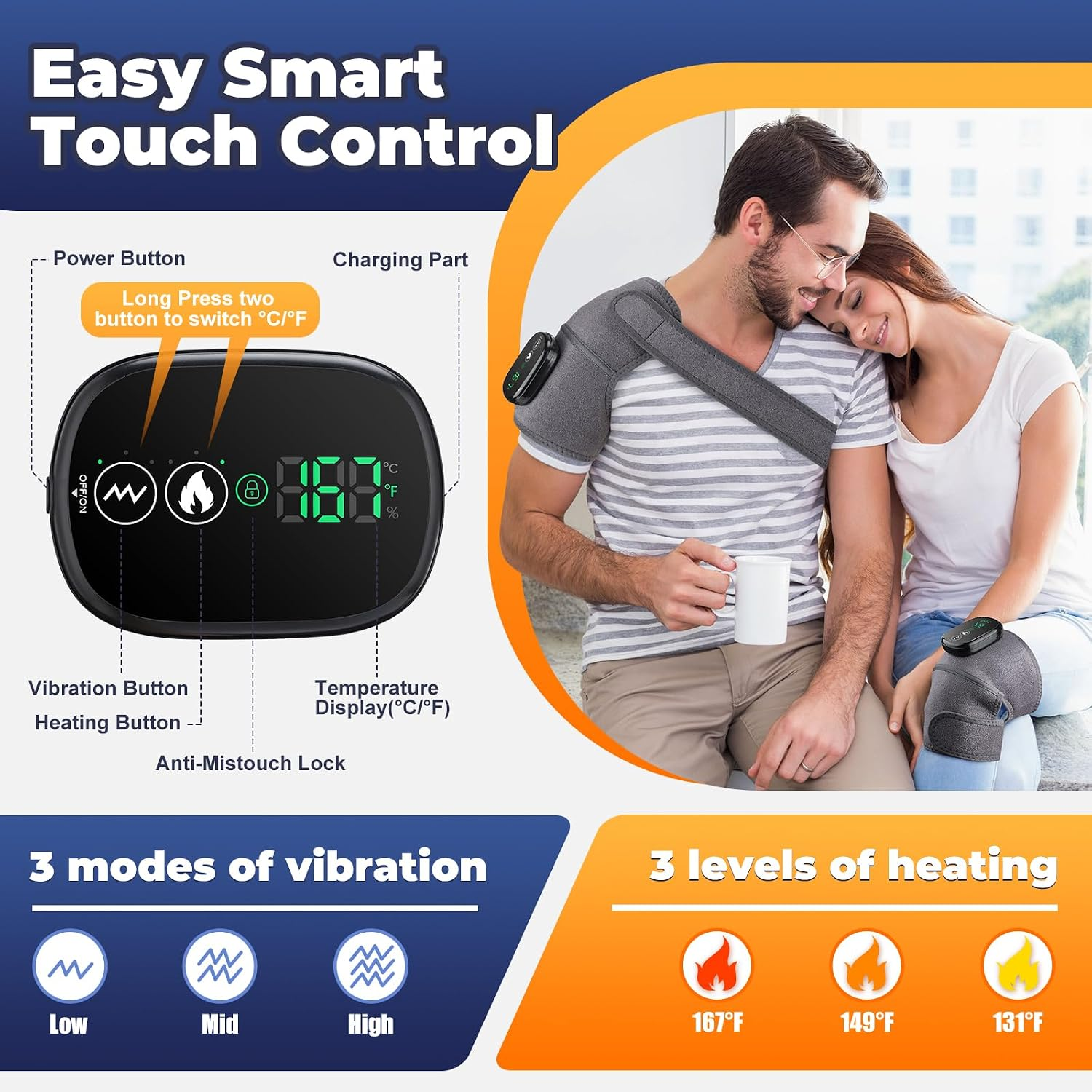 Intelligentes Touch-Bedienfeld, ein Paar mit beheizten Bandagen und Vibrations-/Heizstufen.