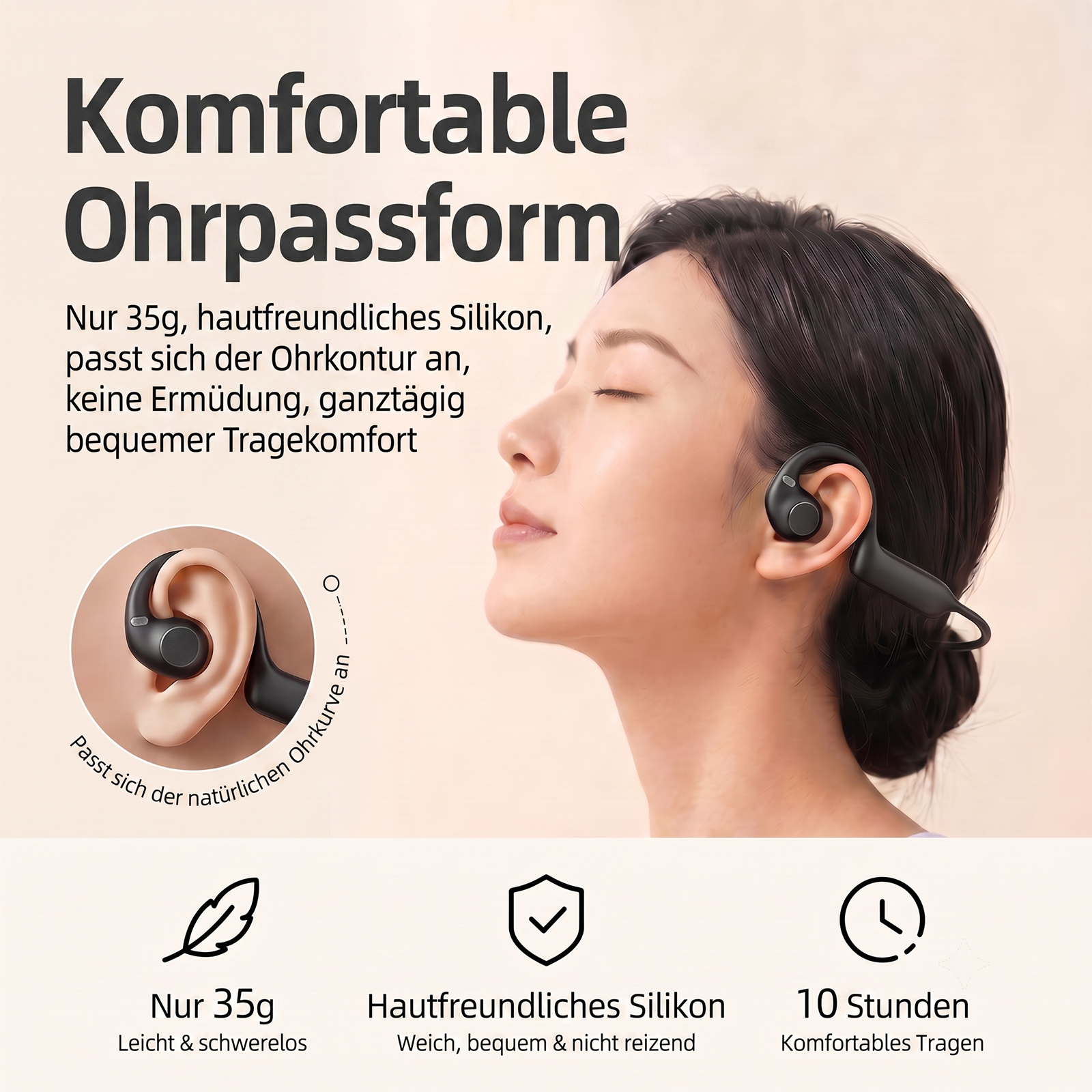 Eine Frau trägt bequeme, leichte Open-Ear-Kopfhörer mit Silikon.