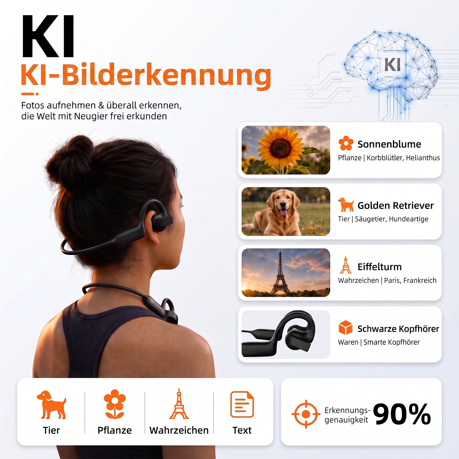 Eine Frau mit schwarzen Kopfhörern blickt auf KI-Bilderkennungsbeispiele wie eine Sonnenblume und den Eiffelturm.