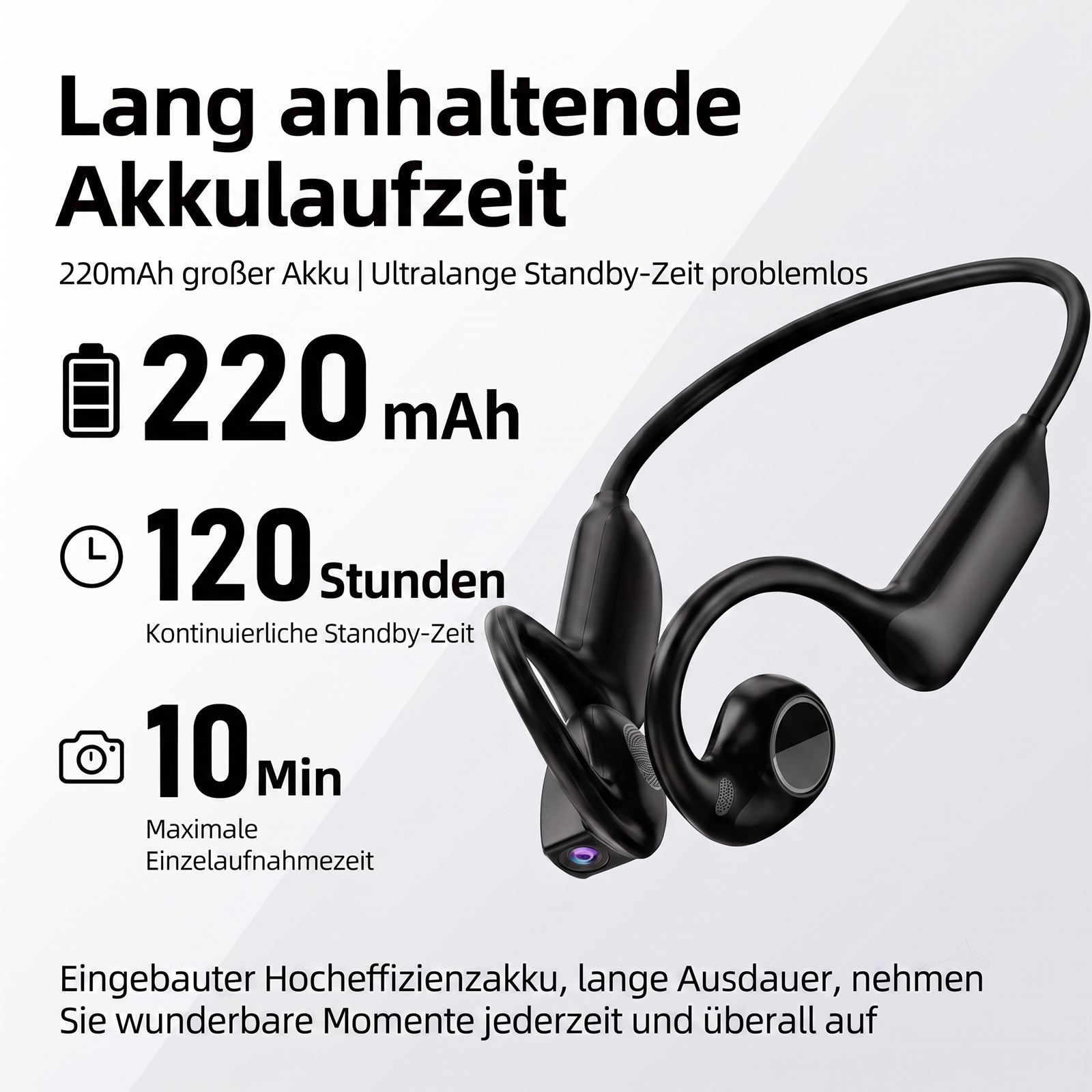 Schwarze Knochenleitungskopfhörer mit Kamera, 220mAh Akku und Text auf weißem Hintergrund.