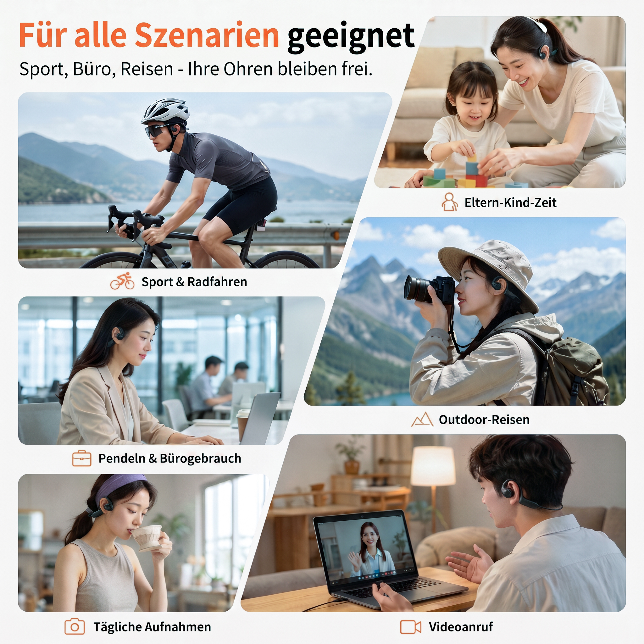 Verschiedene Szenen zeigen Menschen bei Sport, Arbeit und Reisen mit offenen Kopfhörern.