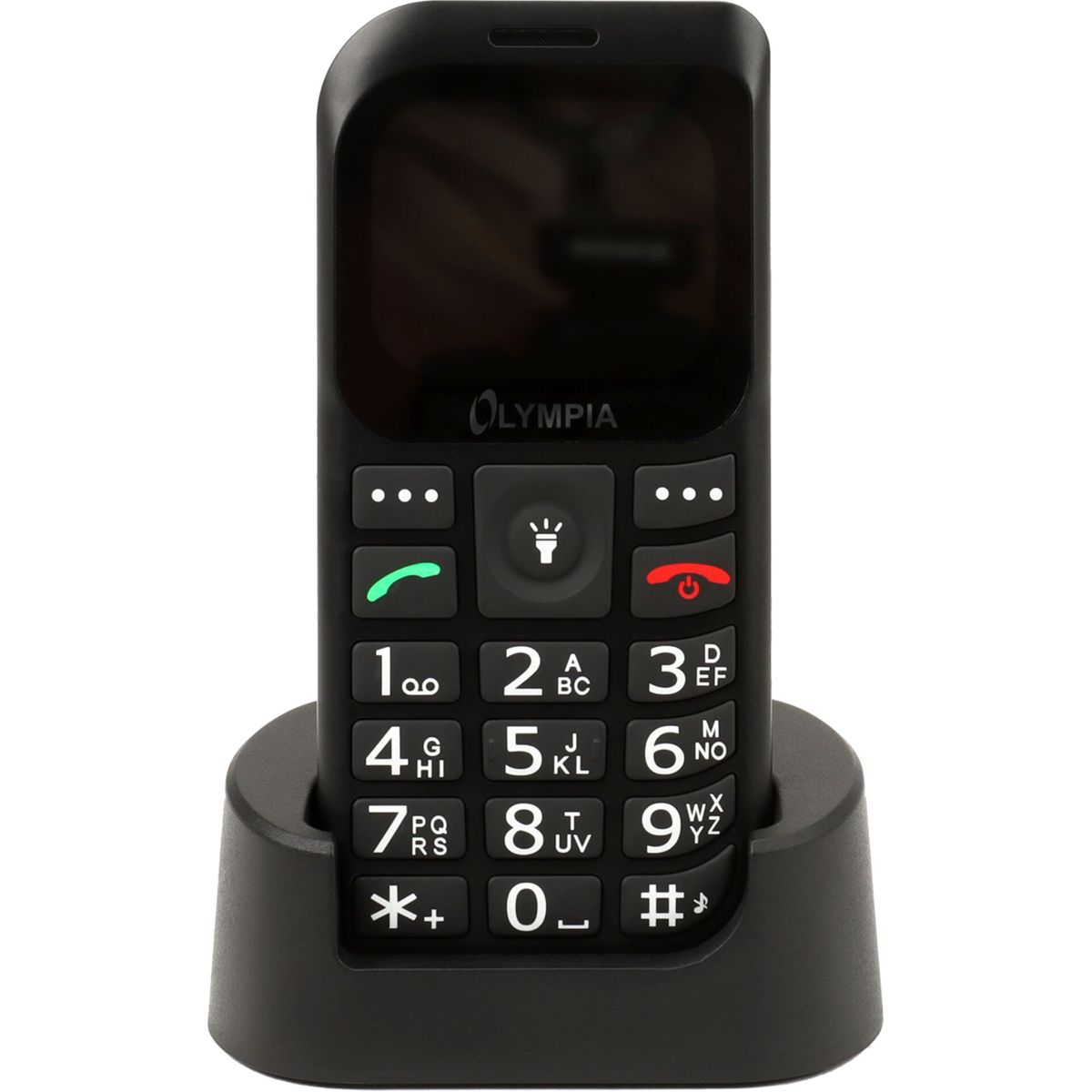 Ein schwarzes Olympia-Seniorentelefon mit großer Tastatur steht in einer passenden Ladestation.