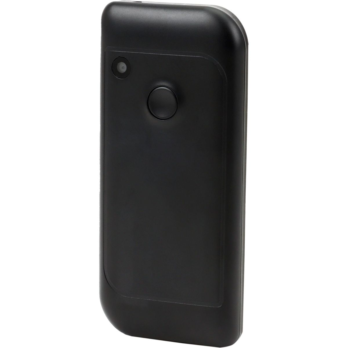 Rückseite eines schwarzen Smartphones mit Kamera und kreisrundem Sensor auf weißem Hintergrund.