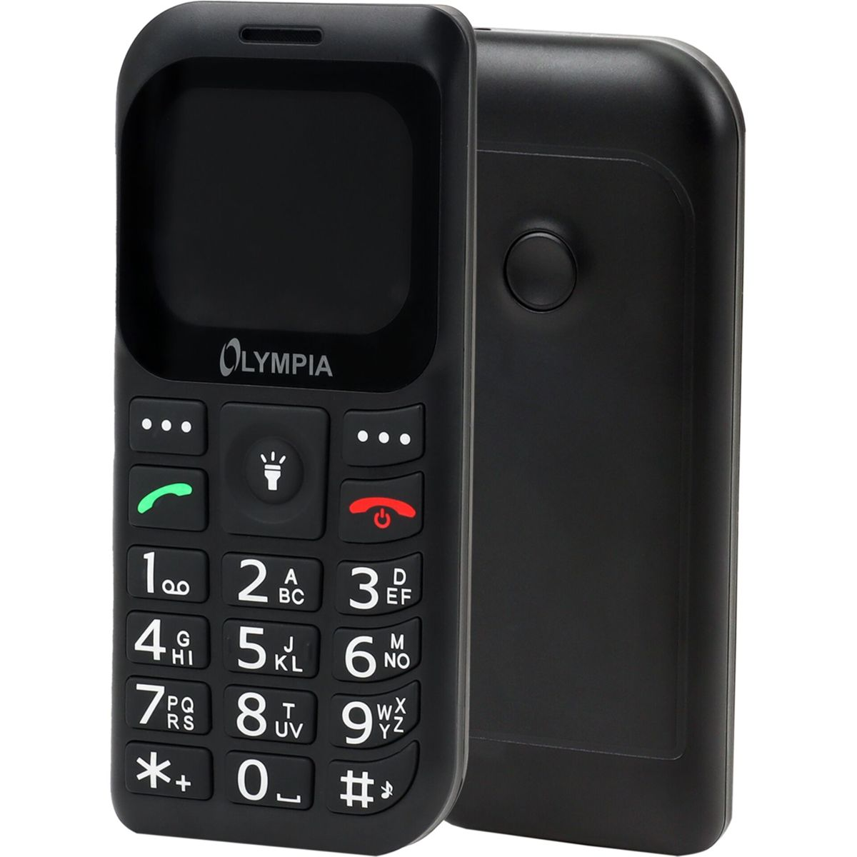 Schwarzes Olympia-Mobiltelefon mit großen Tasten und Display, Vorder- und Rückansicht.