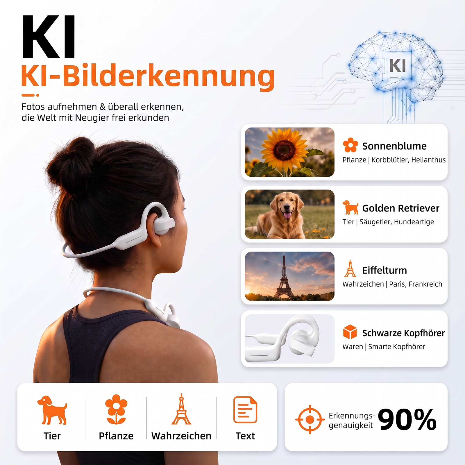 Eine Frau trägt weiße Kopfhörer, daneben Infografiken zur KI-Bilderkennung.