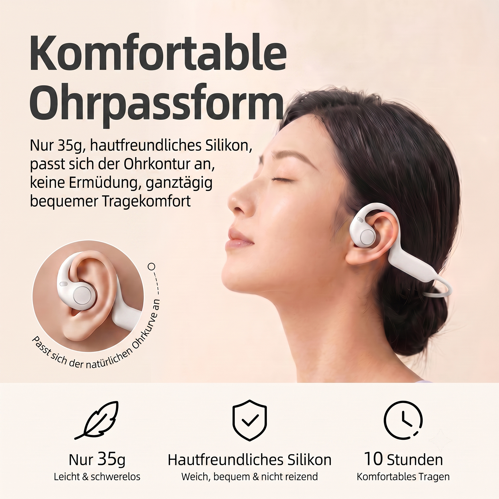 Eine Frau trägt weiße, leichte Open-Ear-Kopfhörer, die bequem am Ohr anliegen.