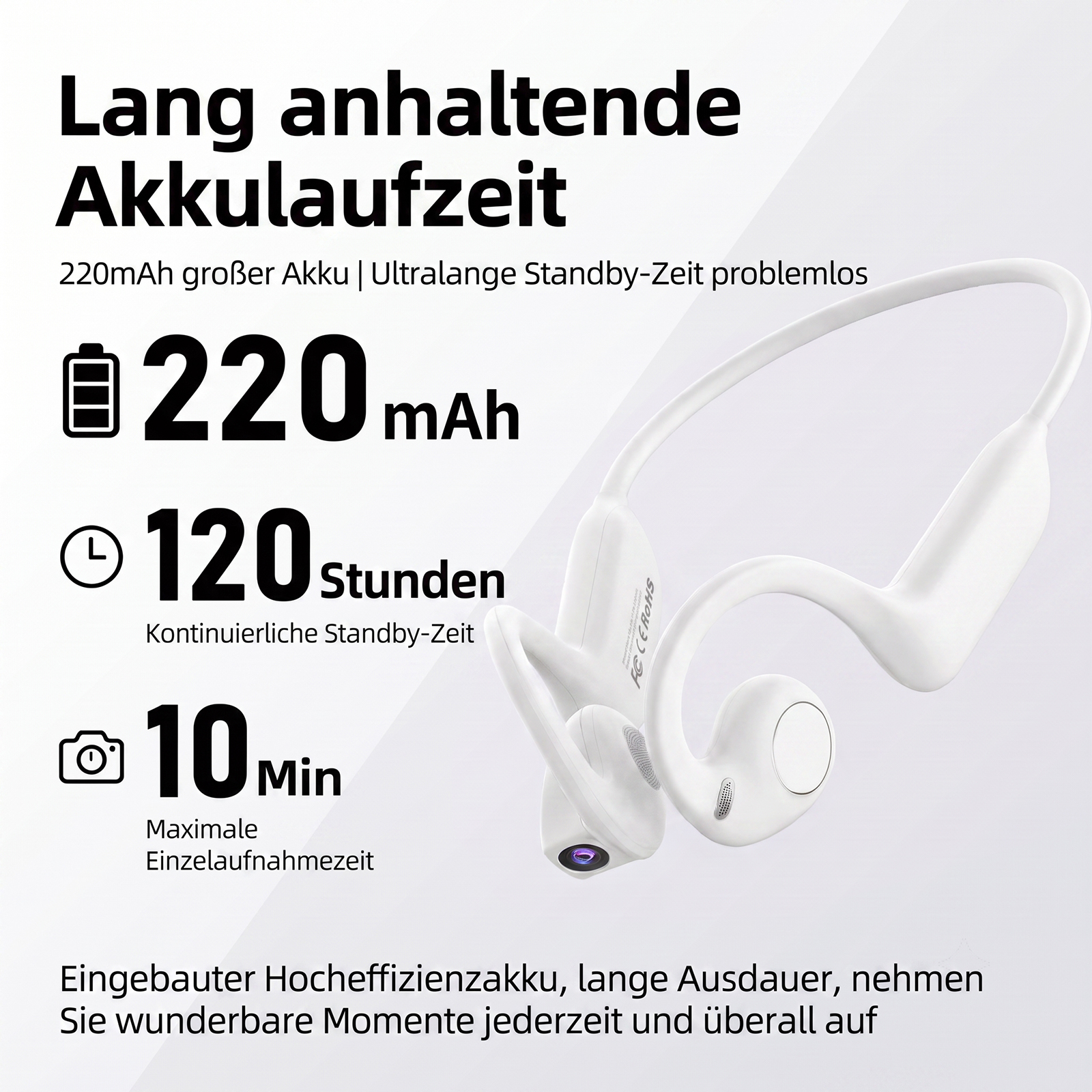 Weiße Knochenschall-Kopfhörer mit Kamera, 220mAh Akku, 120 Stunden Standby und 10 Minuten Aufnahmezeit.