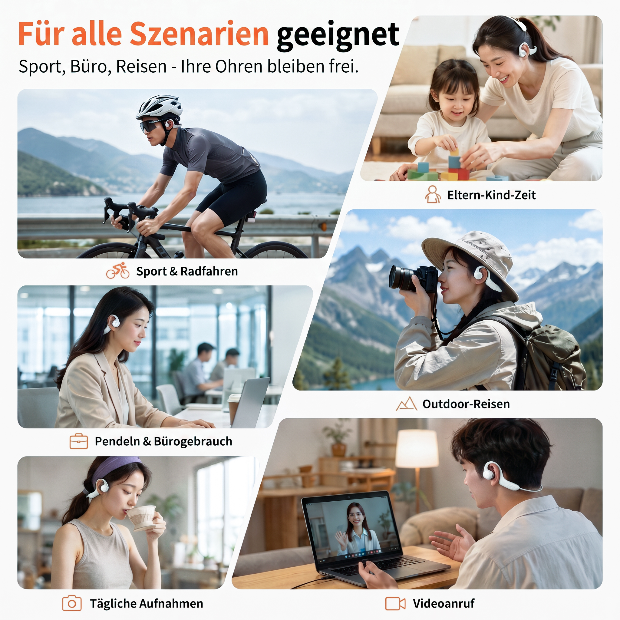 Verschiedene Szenen zeigen Menschen bei Sport, Arbeit, Reisen und Freizeit mit offenen Kopfhörern.