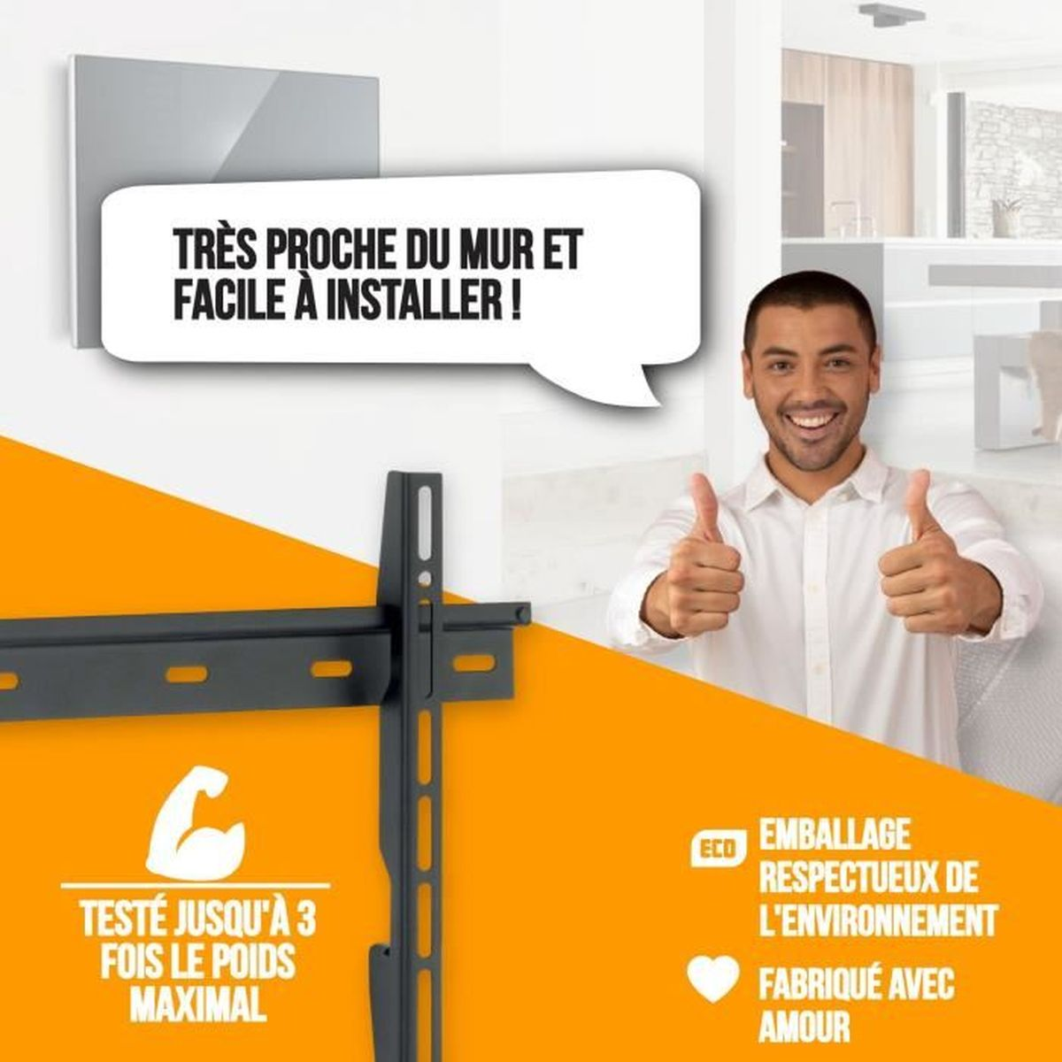 L ächelnder Mann im weißen Hemd zeigt Daumen hoch neben einer TV-Wandhalterung und französischem Text.