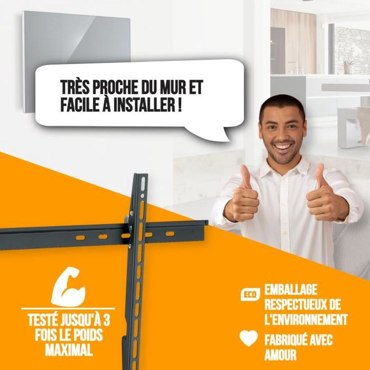 Laechelnder Mann zeigt Daumen hoch neben einer TV-Wandhalterung mit Werbetext.