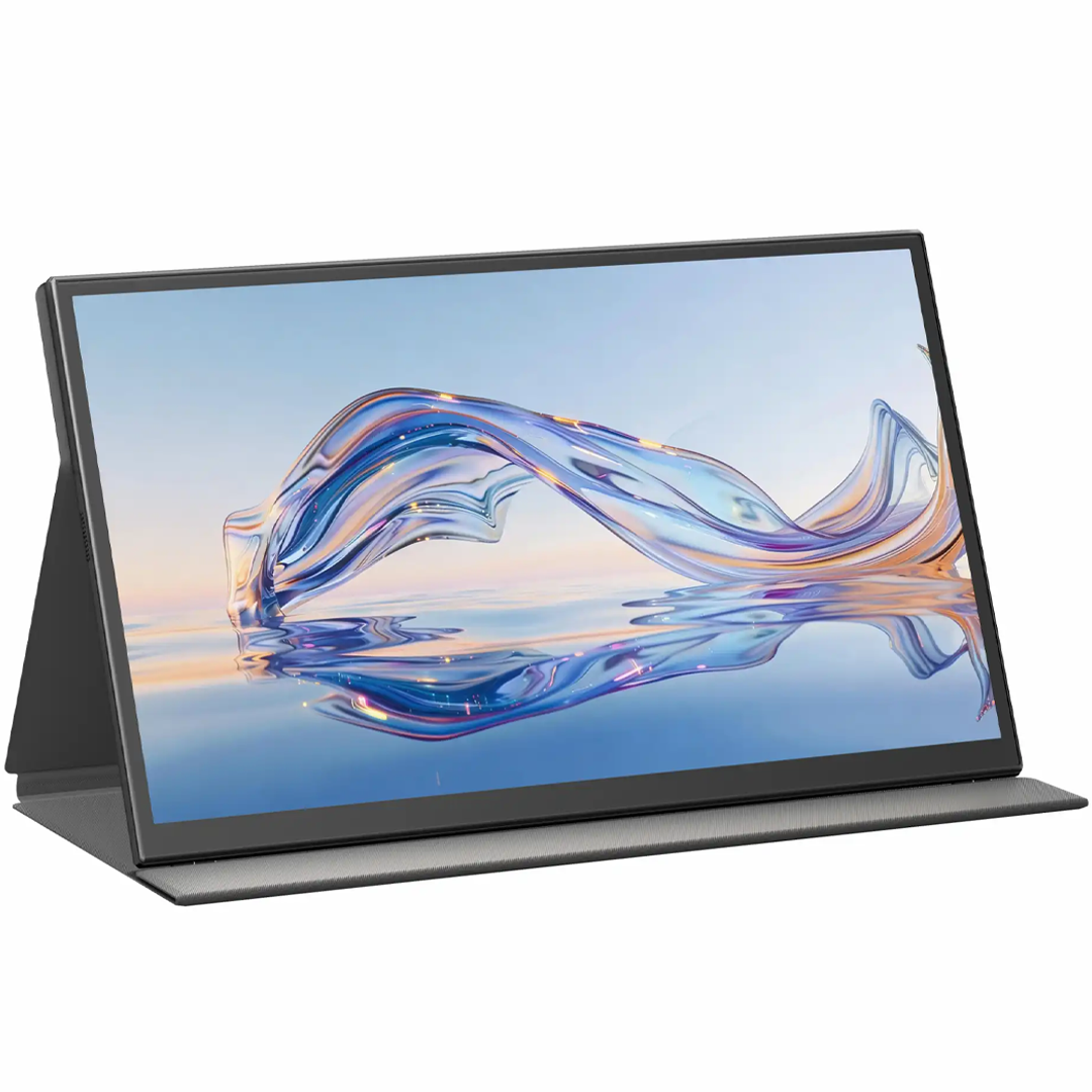 Un monitor portatile con cornice scura e supporto mostra un'onda astratta blu su cielo pastello.