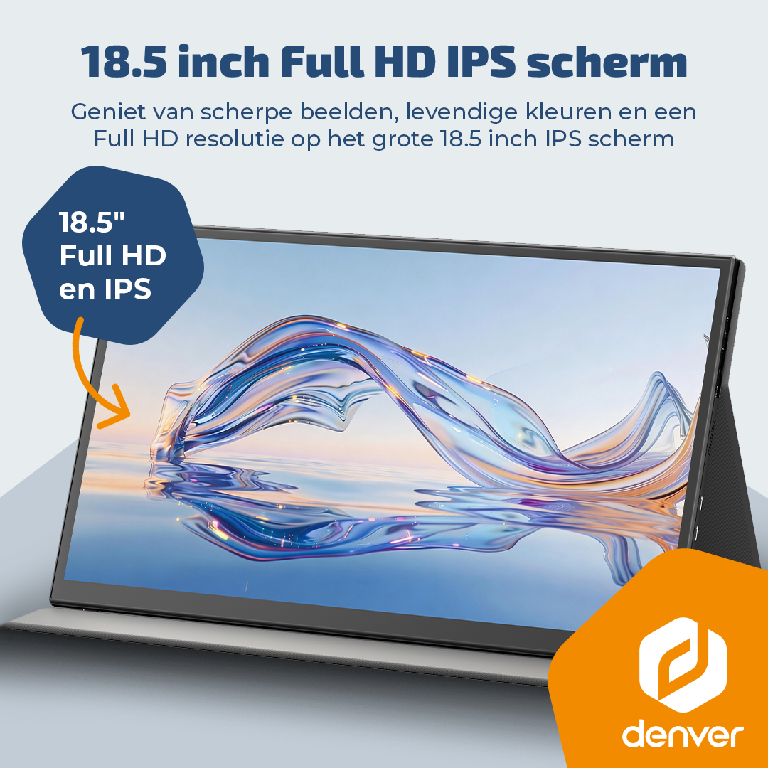 Monitor IPS Full HD da 18,5 pollici con supporto integrato, grafica dello schermo blu astratta e logo Denver.