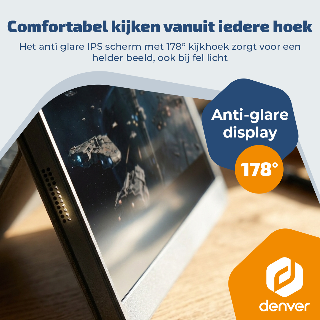 Un tablet con display antiriflesso mostra una battaglia spaziale, testo in olandese e logo Denver.