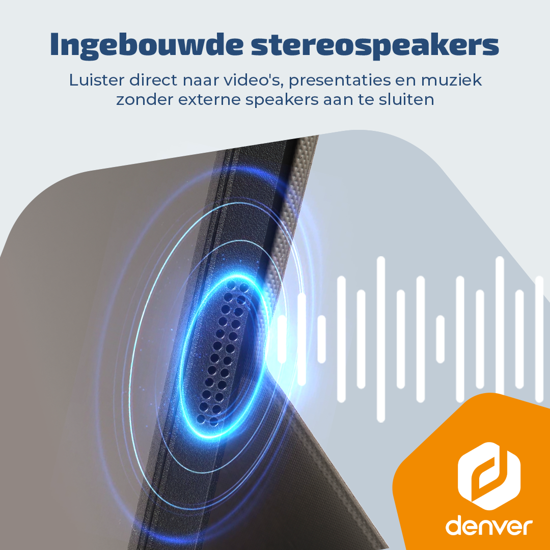 Altoparlanti stereo integrati per un suono chiaro senza dispositivi esterni. Logo Denver.