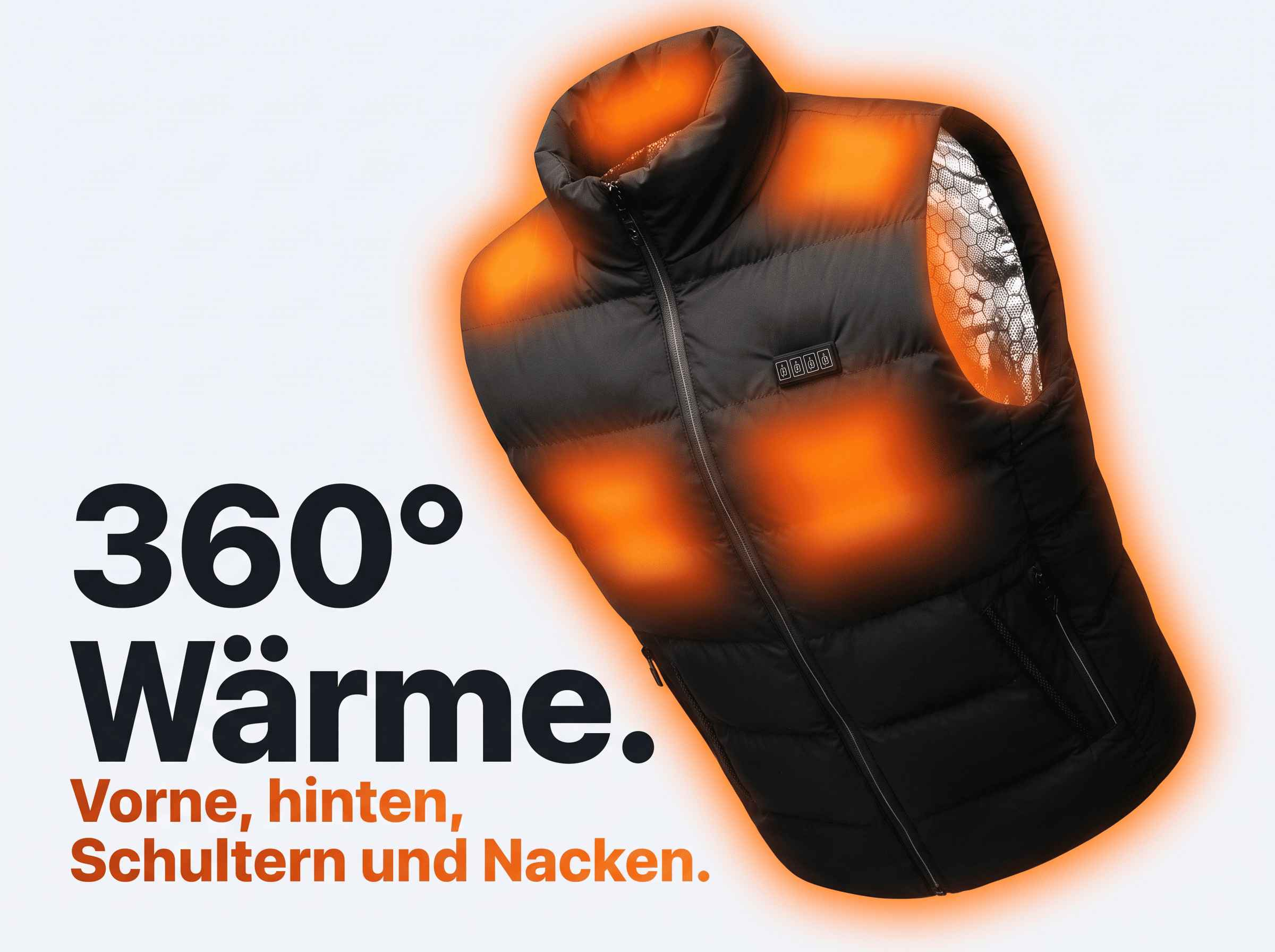 Schwarze beheizbare Weste mit leuchtend orangen Wärmezonen an Kragen, Schultern und Brust.