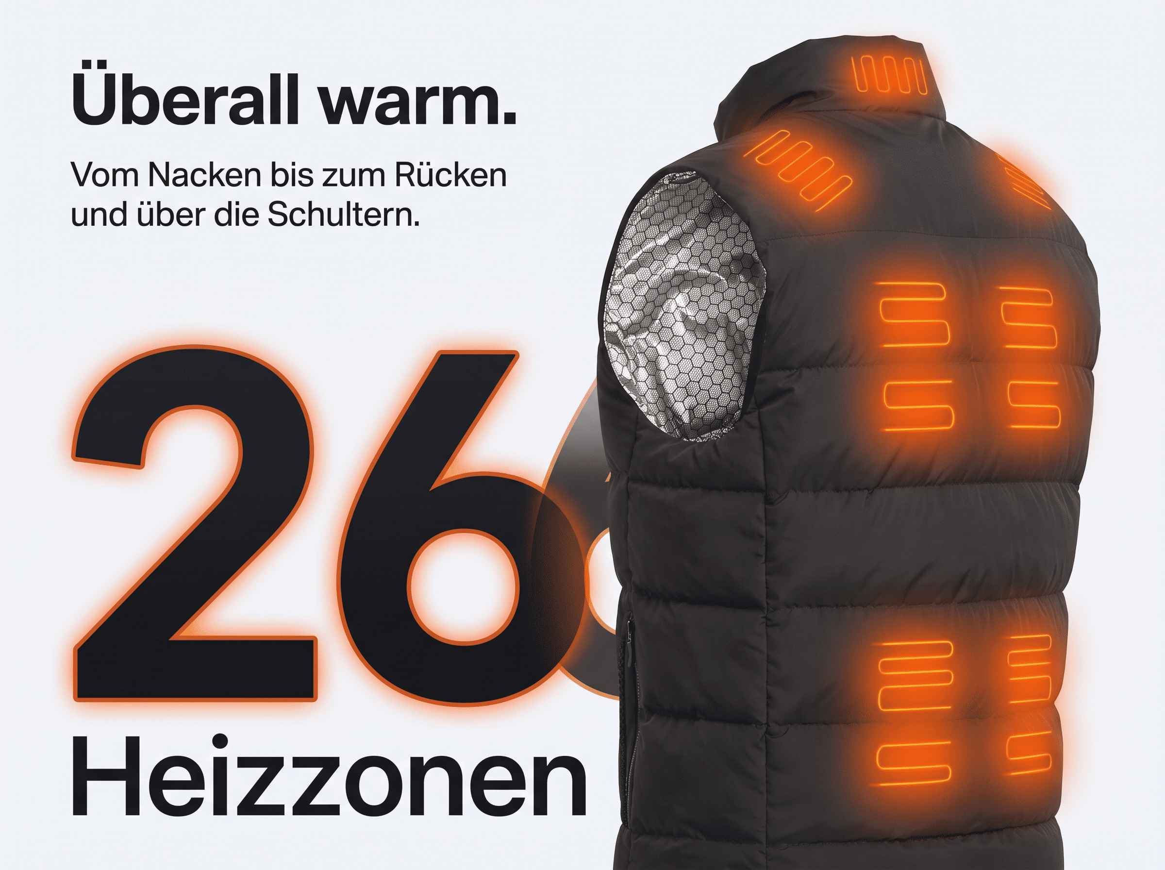 Schwarze beheizbare Weste mit orangefarbenen Heizwelen und deutschem Text.