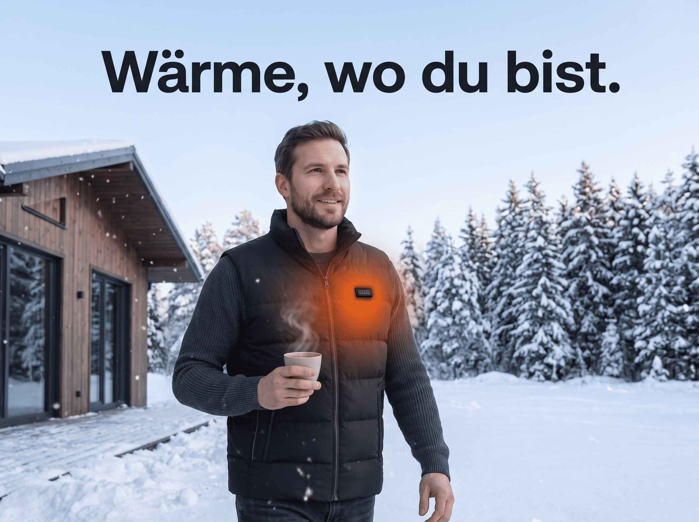 Ein Mann im Schnee trägt eine beheizbare Weste mit rotem Licht am Herzen, hält eine Tasse, im Hintergrund eine Hütte.