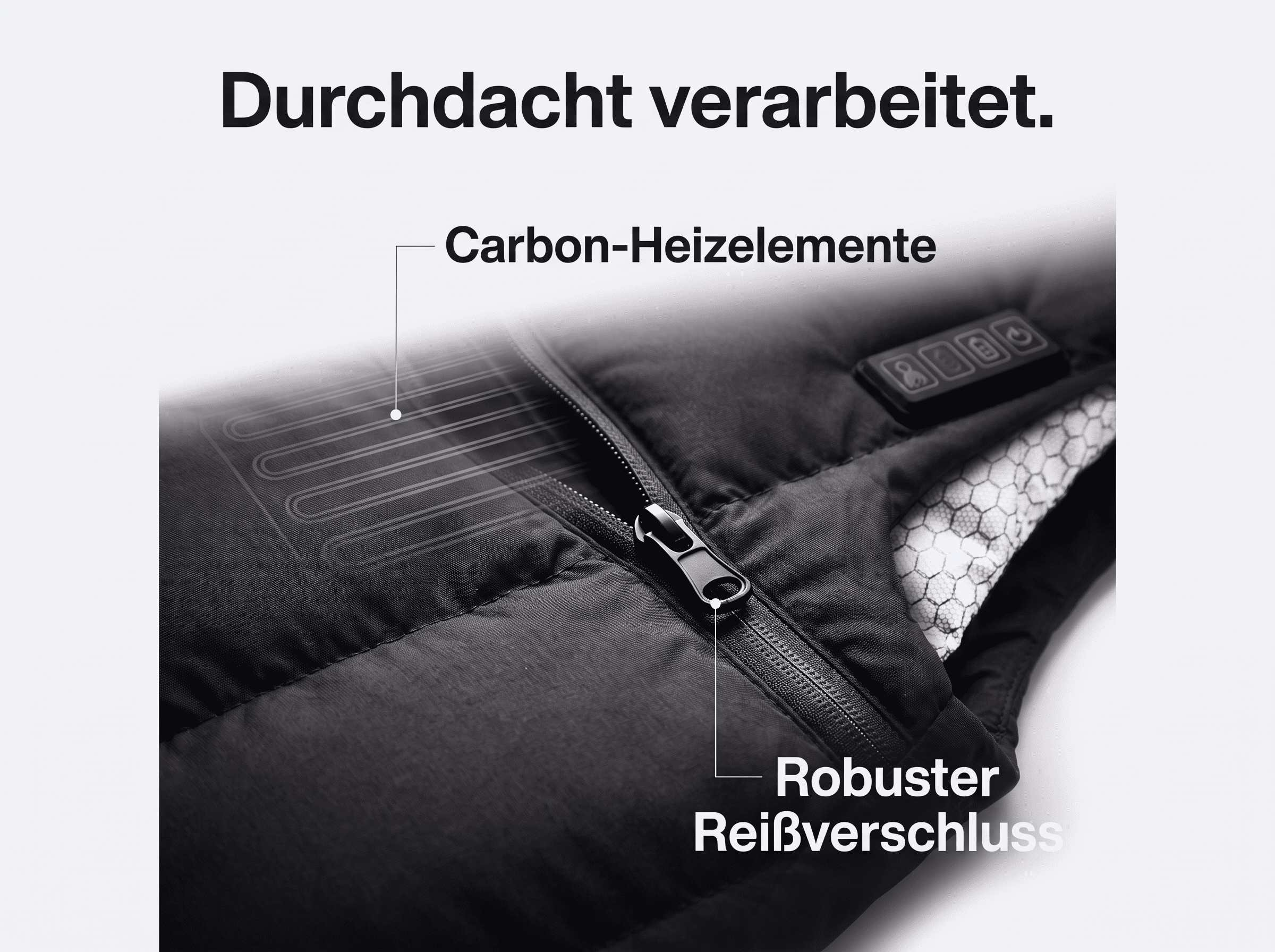 Nahaufnahme einer schwarzen Weste mit Reißverschluss, Carbon-Heizelementen und Tastenfeld.