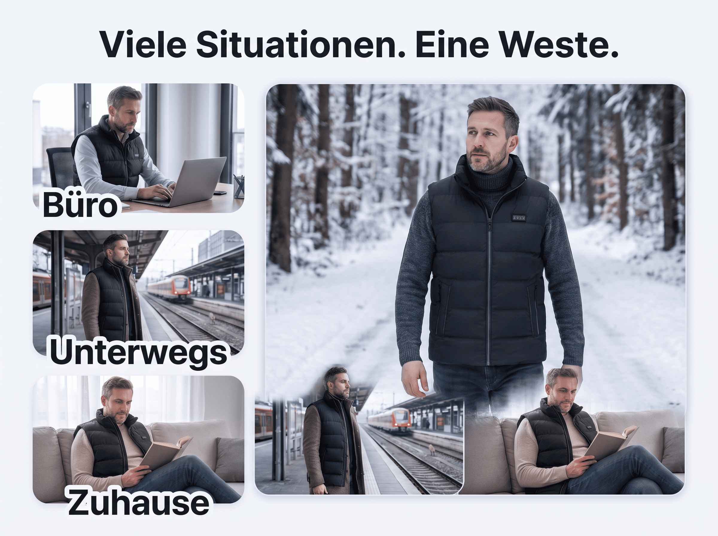 Ein Mann trägt eine schwarze Weste in verschiedenen Situationen: im Büro, unterwegs und zu Hause.