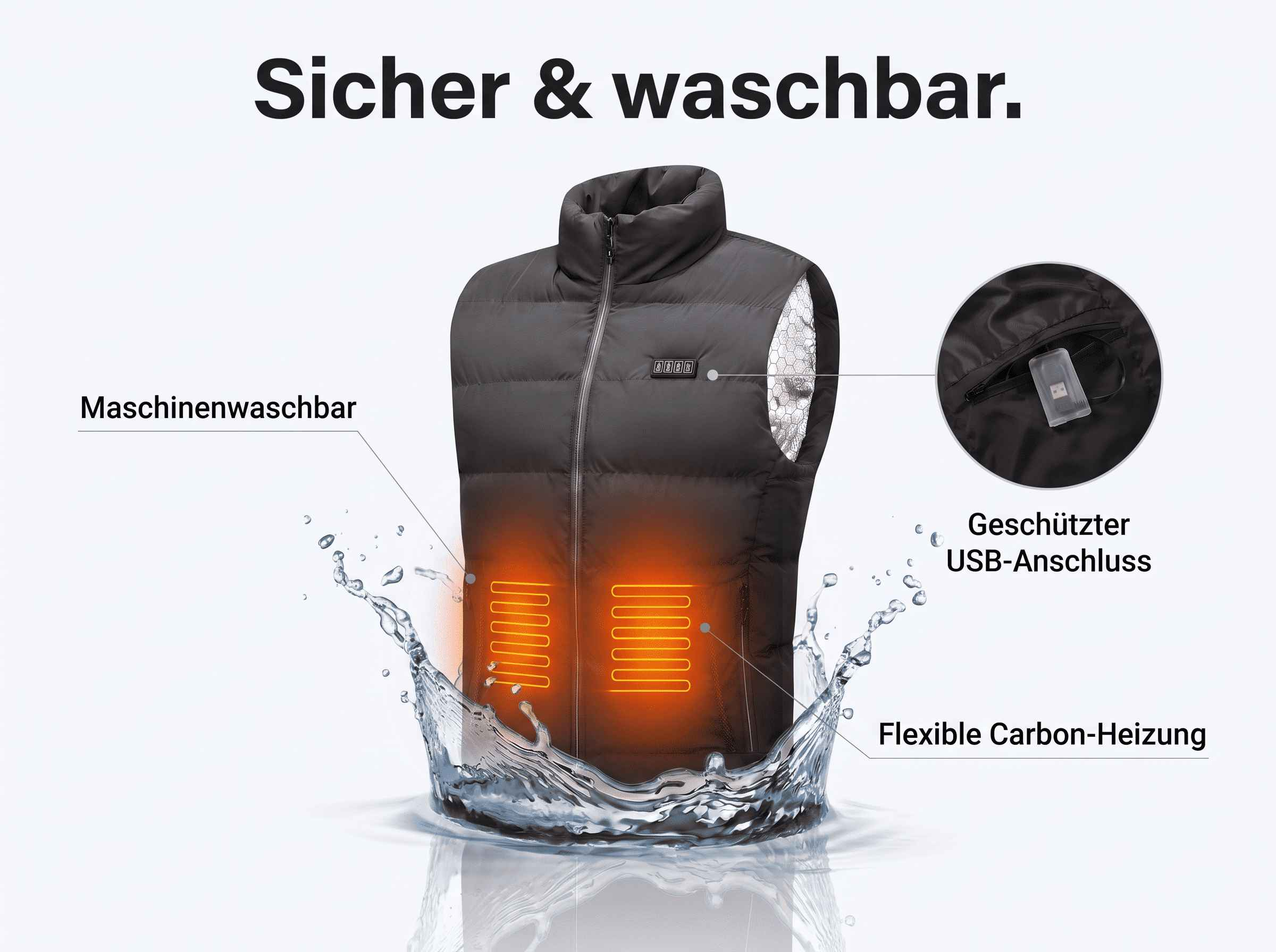 Schwarze beheizbare Weste in Wasser spritzig präsentiert, mit Details zu USB-Anschluss und Carbon-Heizung.
