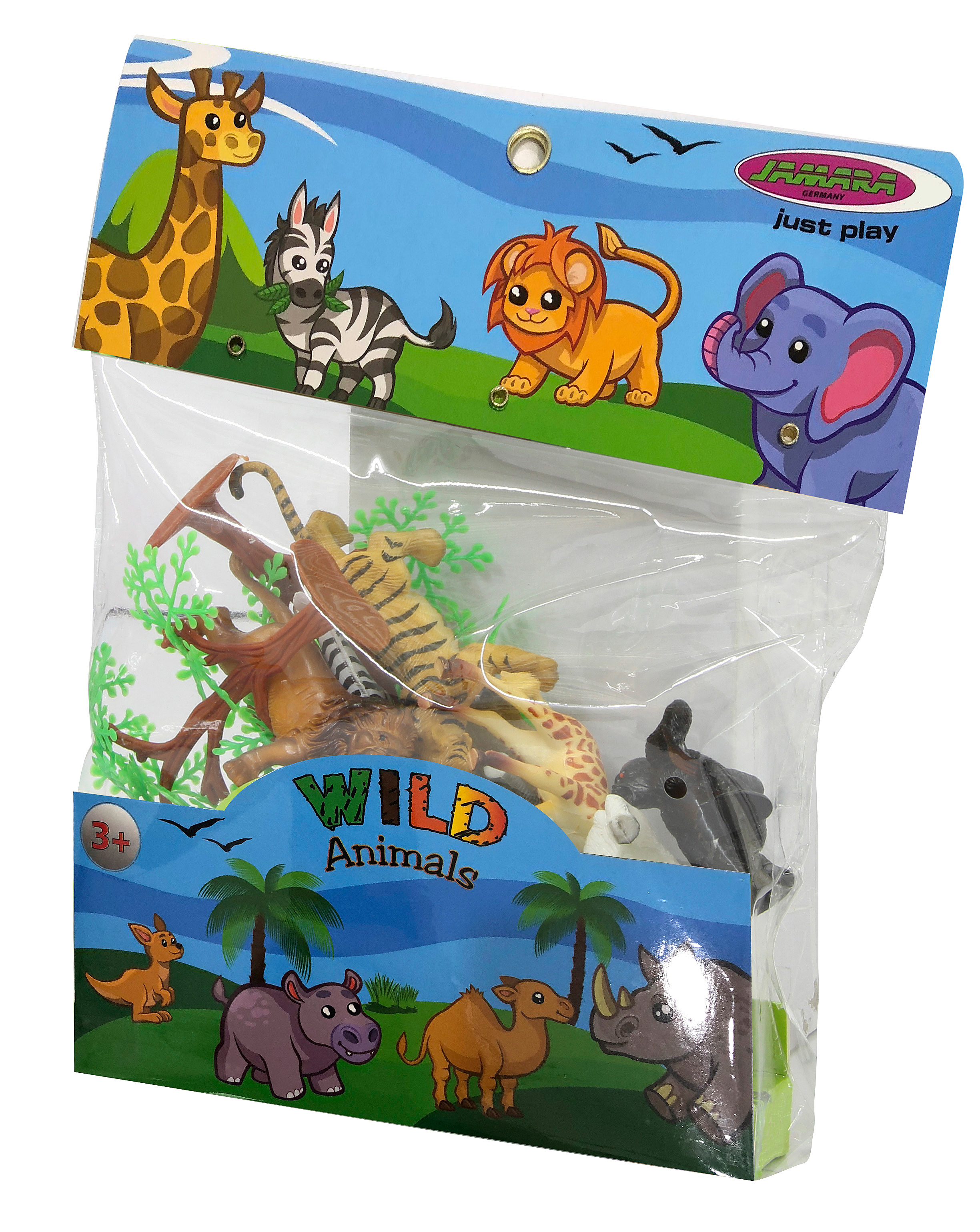 Eine Plastiktüte mit Wildtiertierspielzeug mit Cartoon-Grafiken von Giraffe, Zebra, Löwe und Elefant.