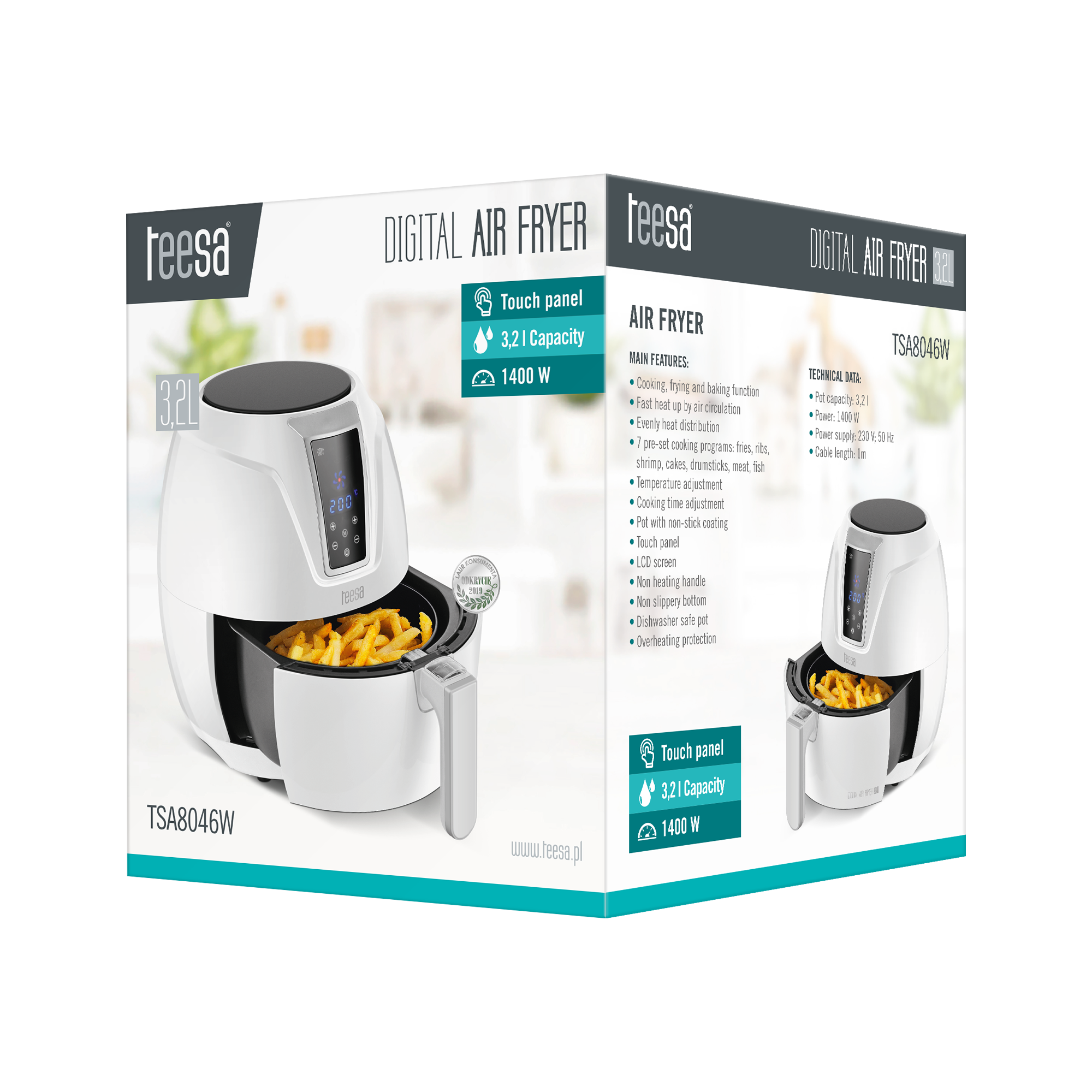 Opakowanie białej frytkownicy beztłuszczowej Teesa Digital Air Fryer z widocznymi frytkami.