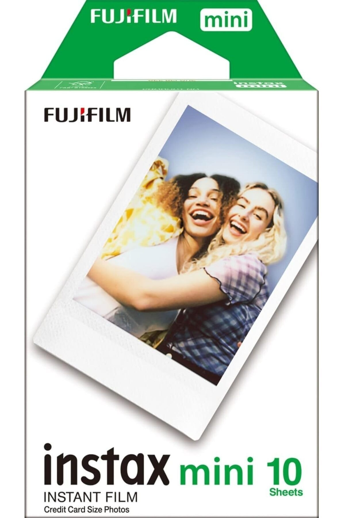 İki gülen kadının fotoğrafının yer aldığı 10 yapraklık Fujifilm Instax Mini anlık film kutusu.
