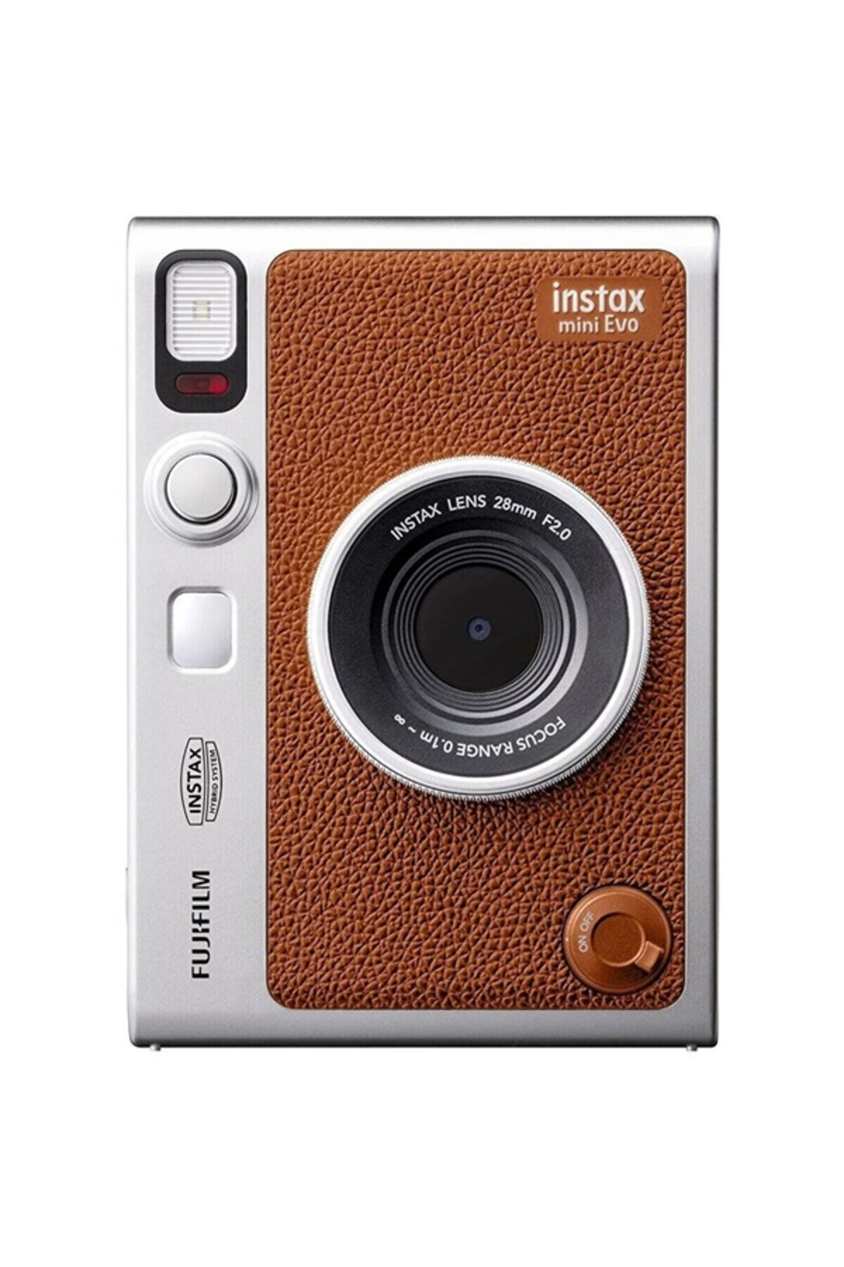 Kahverengi deri görünümlü ön panelli gümüş-gri Fujifilm Instax Mini Evo anlık kamera.