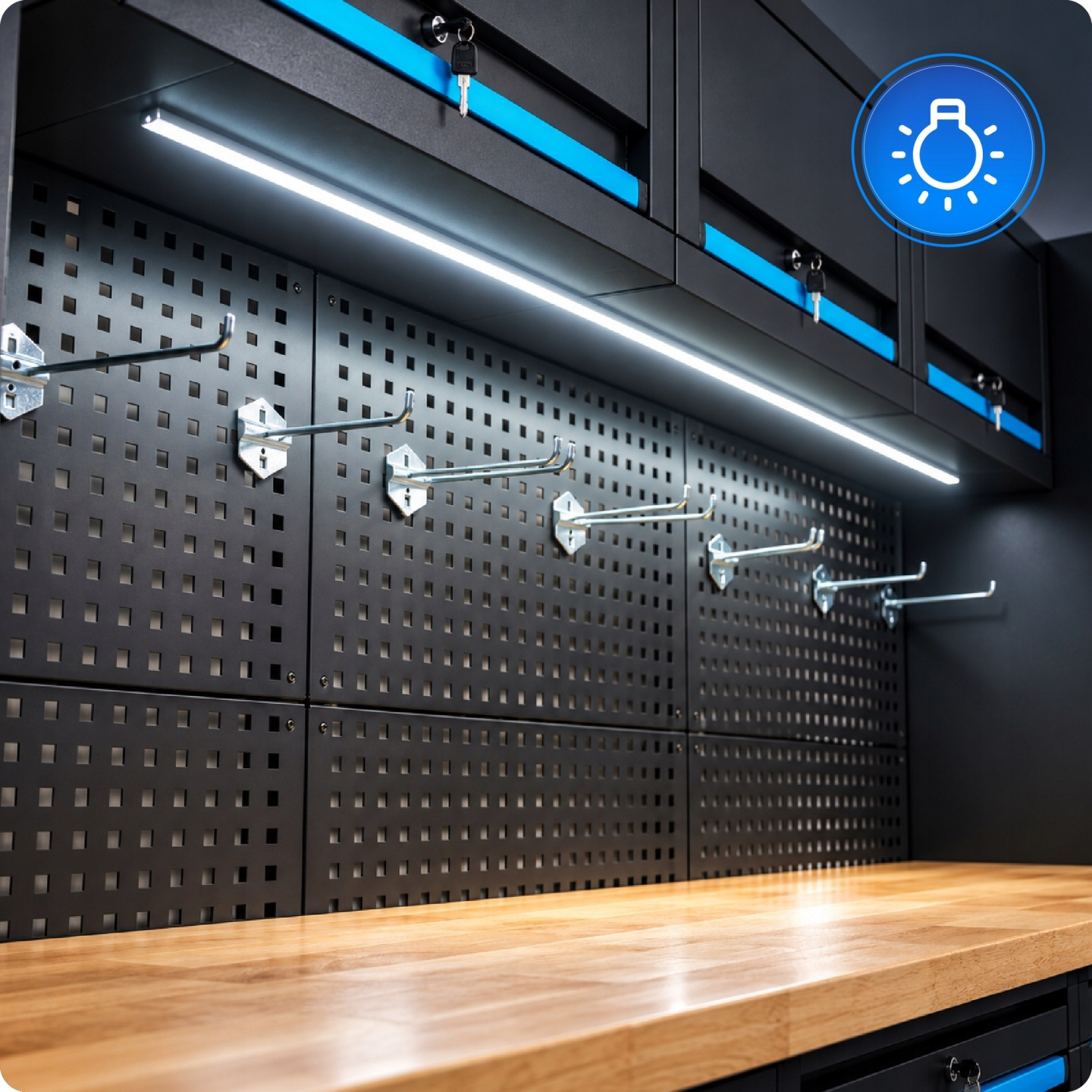 Eine Werkstatt mit schwarzen Lochwänden, Metallhaken, LED-Leiste unter Schränken und Holzwerkbank.