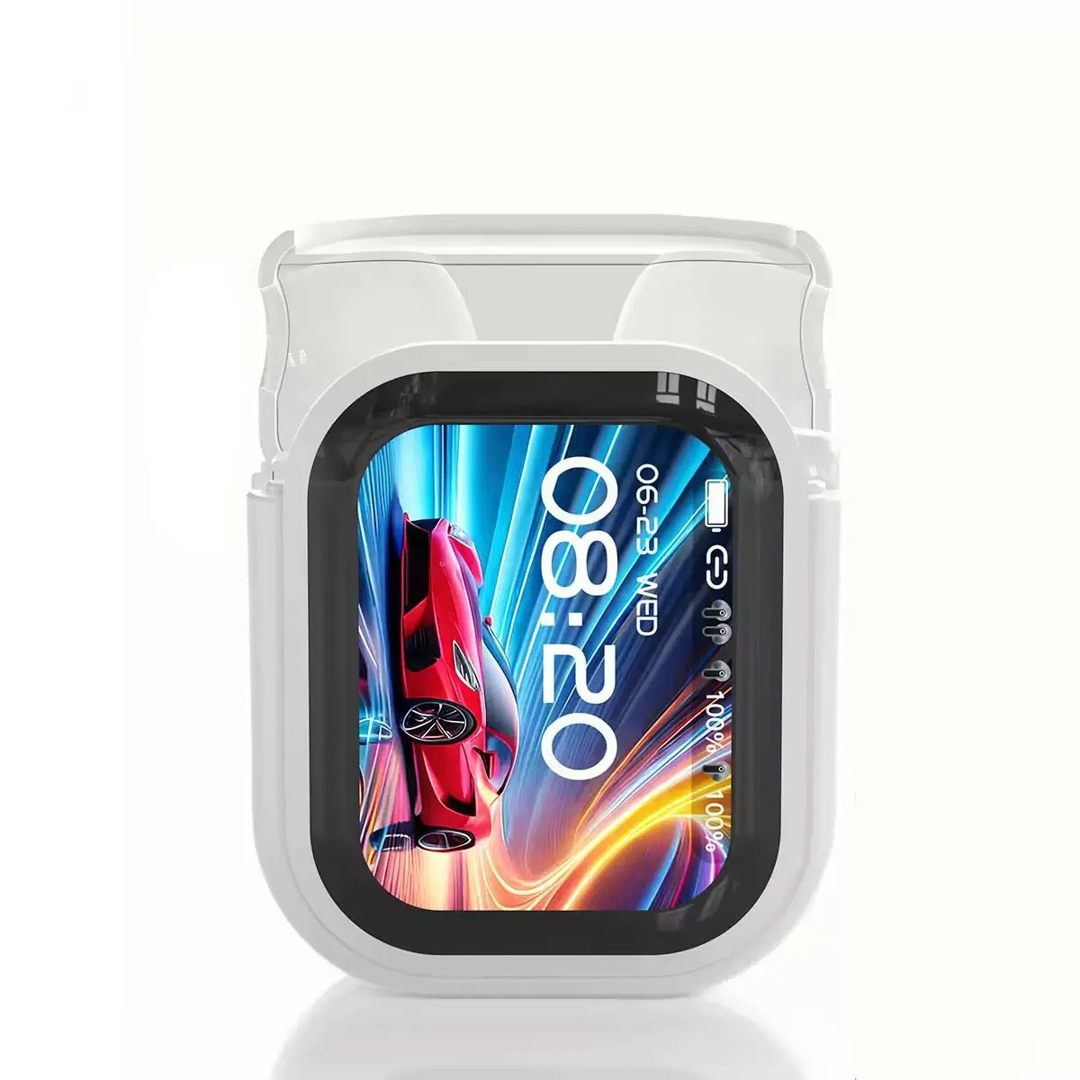 Eine weiße smartwatch in einer schutzhülle mit einem display, das ein rotes auto zeigt.