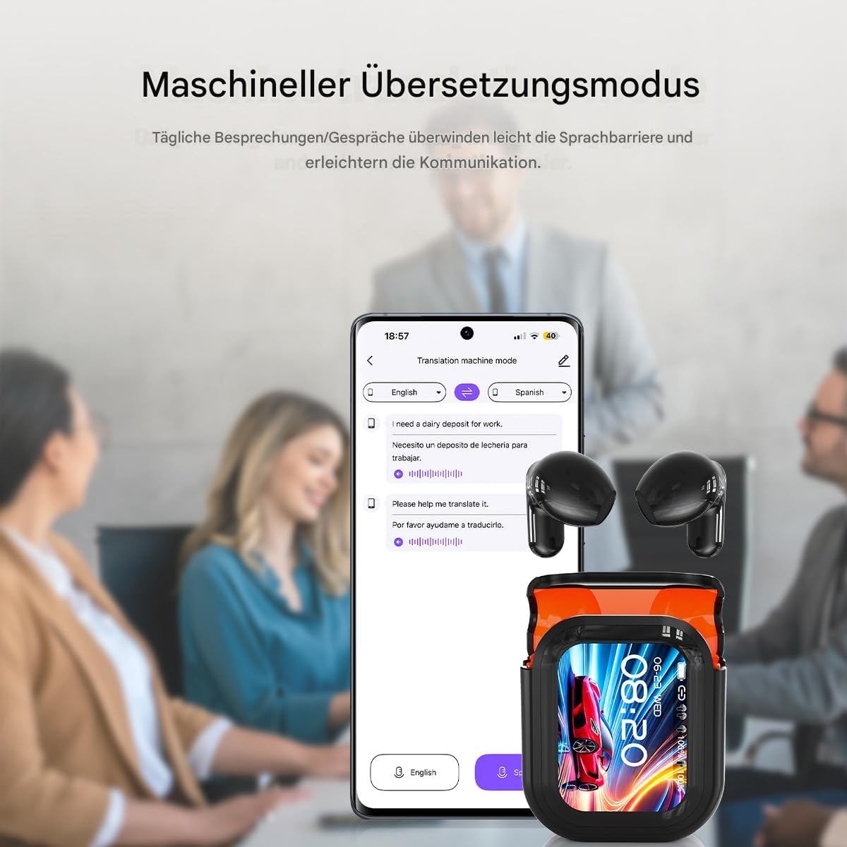 Smartphone zeigt Übersetzungs-App, daneben kabellose Ohrhörer im Ladecase vor einem Meeting.