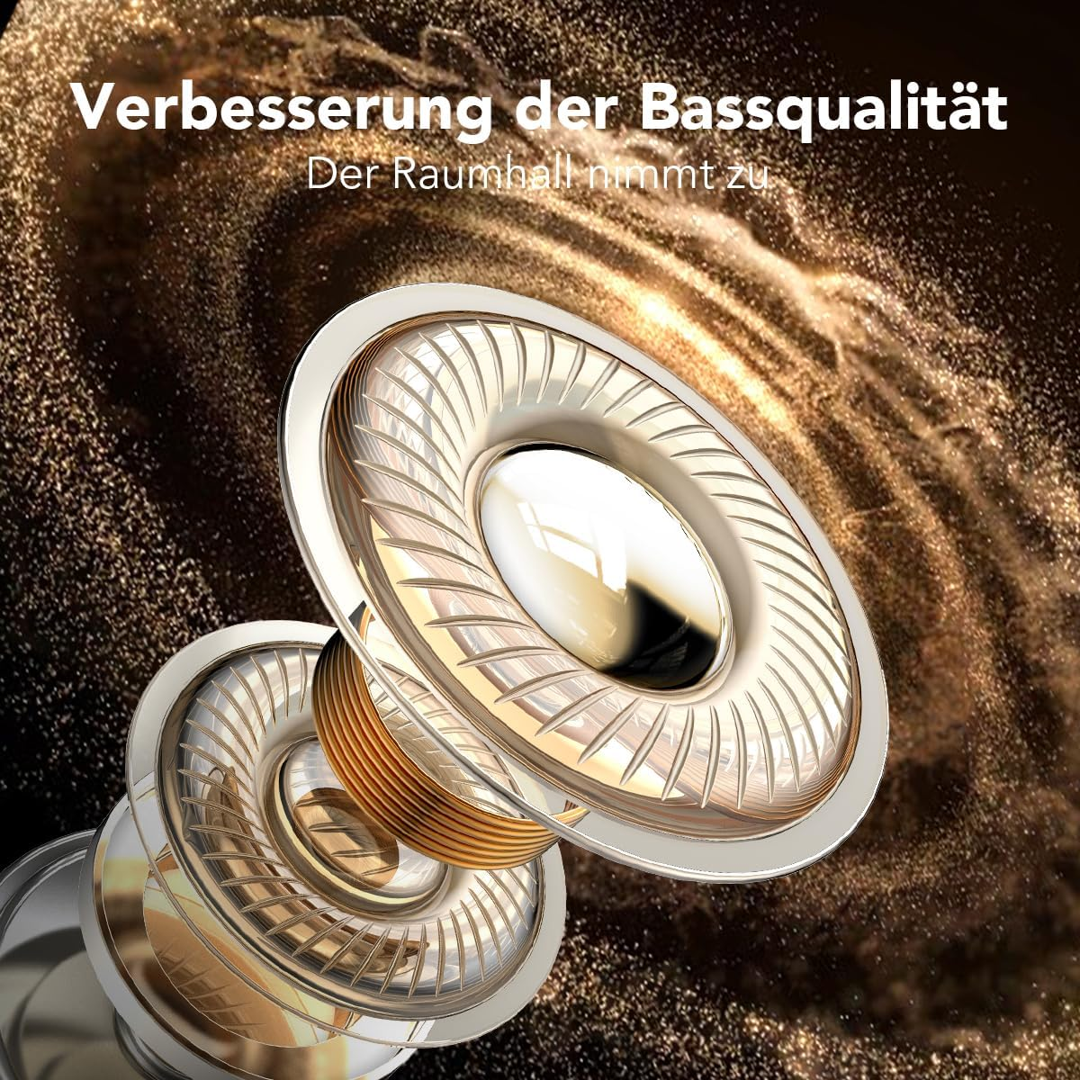 Nahaufnahme von Lautsprechermembranen vor einem goldenen, glitzernden Hintergrund mit deutschem Text oben.