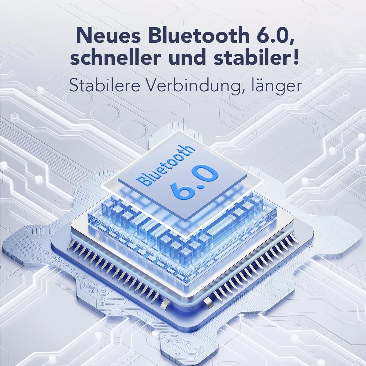Ein blauer Mikroprozessor auf einer Leiterplatte mit Text über Bluetooth 6.0 und stabile Verbindungen.