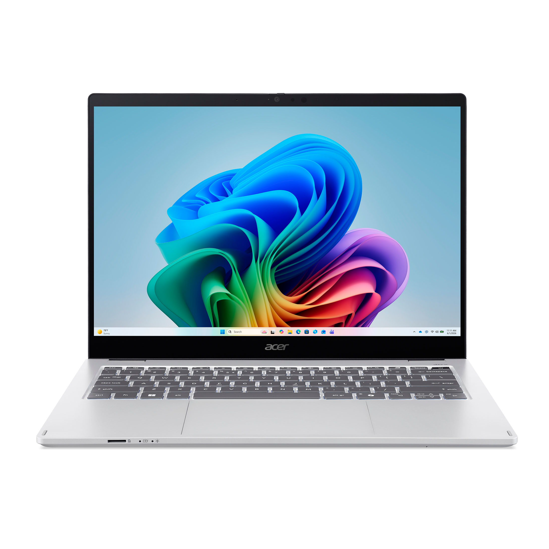 Frontalansicht eines Acer-Laptops mit hellem Design und bunten Wellen auf dem Bildschirm vor weißem Hintergrund.