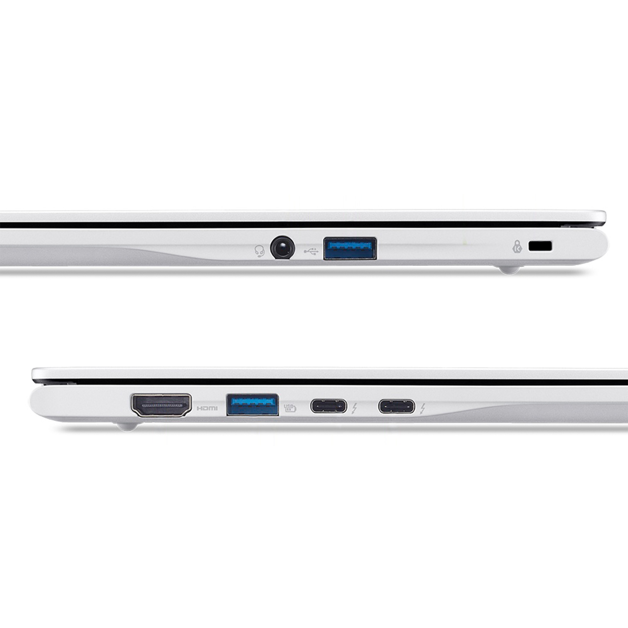 Seitenansichten eines silbernen Laptops mit HDMI-, USB- und Audioanschlüssen auf weißem Hintergrund.