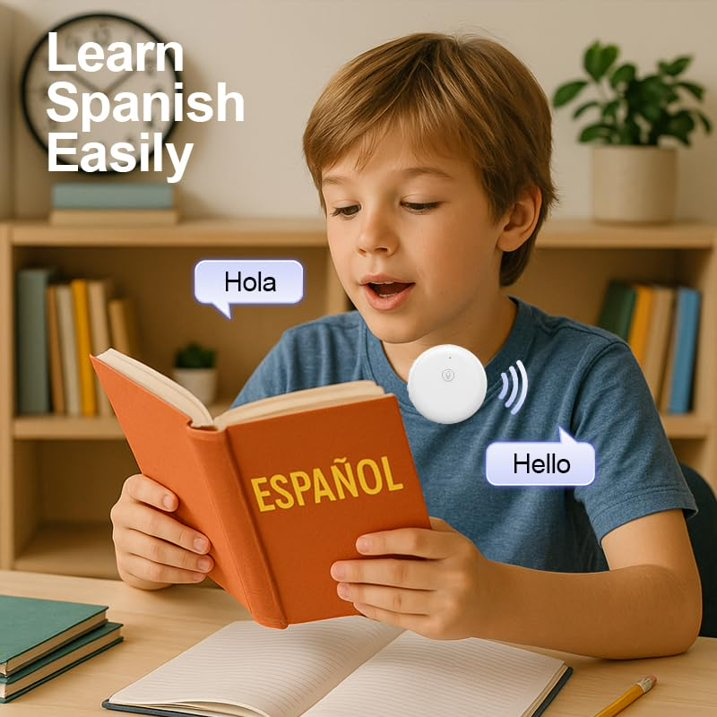 Ein Junge liest ein spanisches Buch mit einem Übersetzergerät, das Hola und Hello anzeigt.