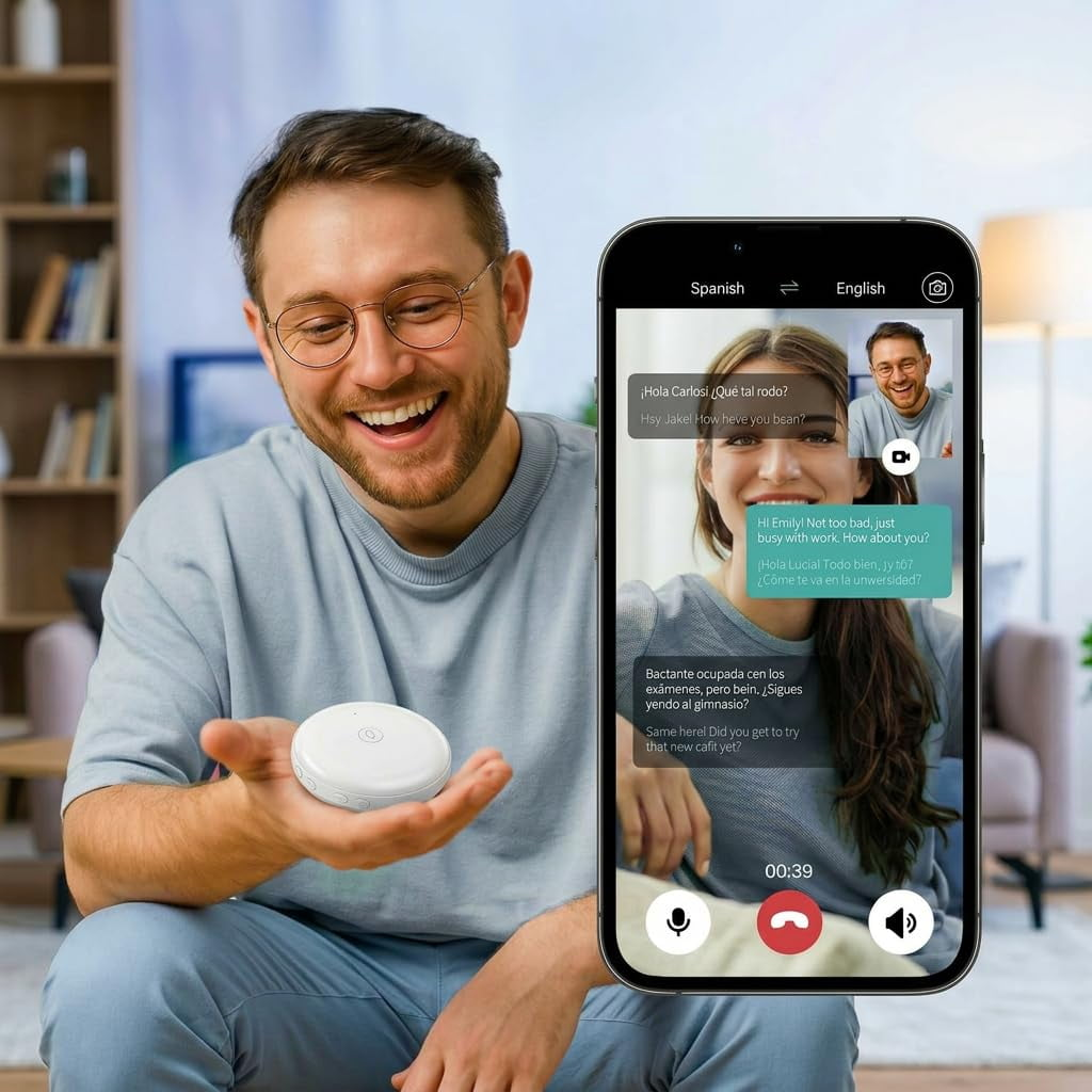 Mann hält weißes Gerät und videochattet über Smartphone mit übersetzten Texten.
