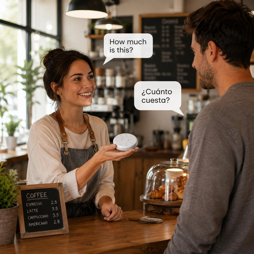 Eine Barista zeigt einem Kunden ein Gadget, mit Sprachblasen für Englisch und Spanisch.