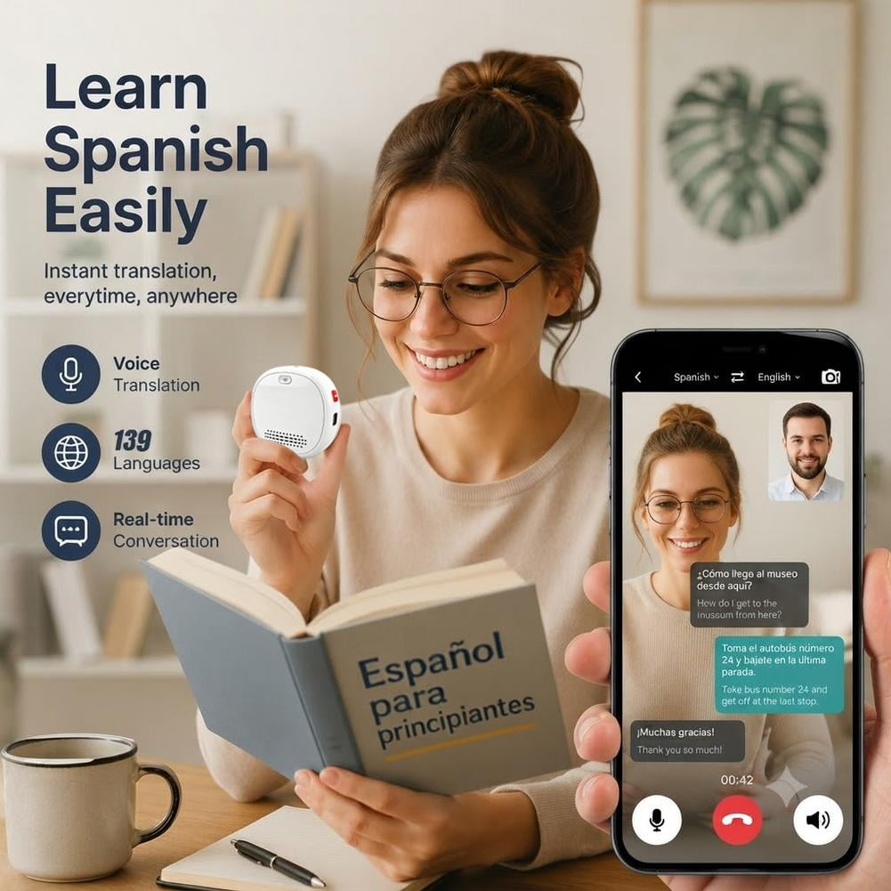 Eine Frau hält ein Vokabelbuch und ein kleines Übersetzungsgerät, während sie auf ein Smartphone schaut.
