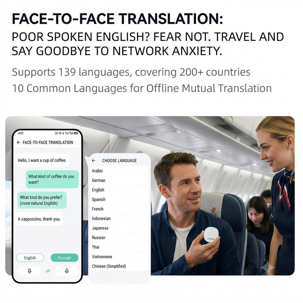 Werbung für ein Übersetzungsgerät mit zwei Handys, die Apps zeigen, und einem Mann, der das Gerät hält.