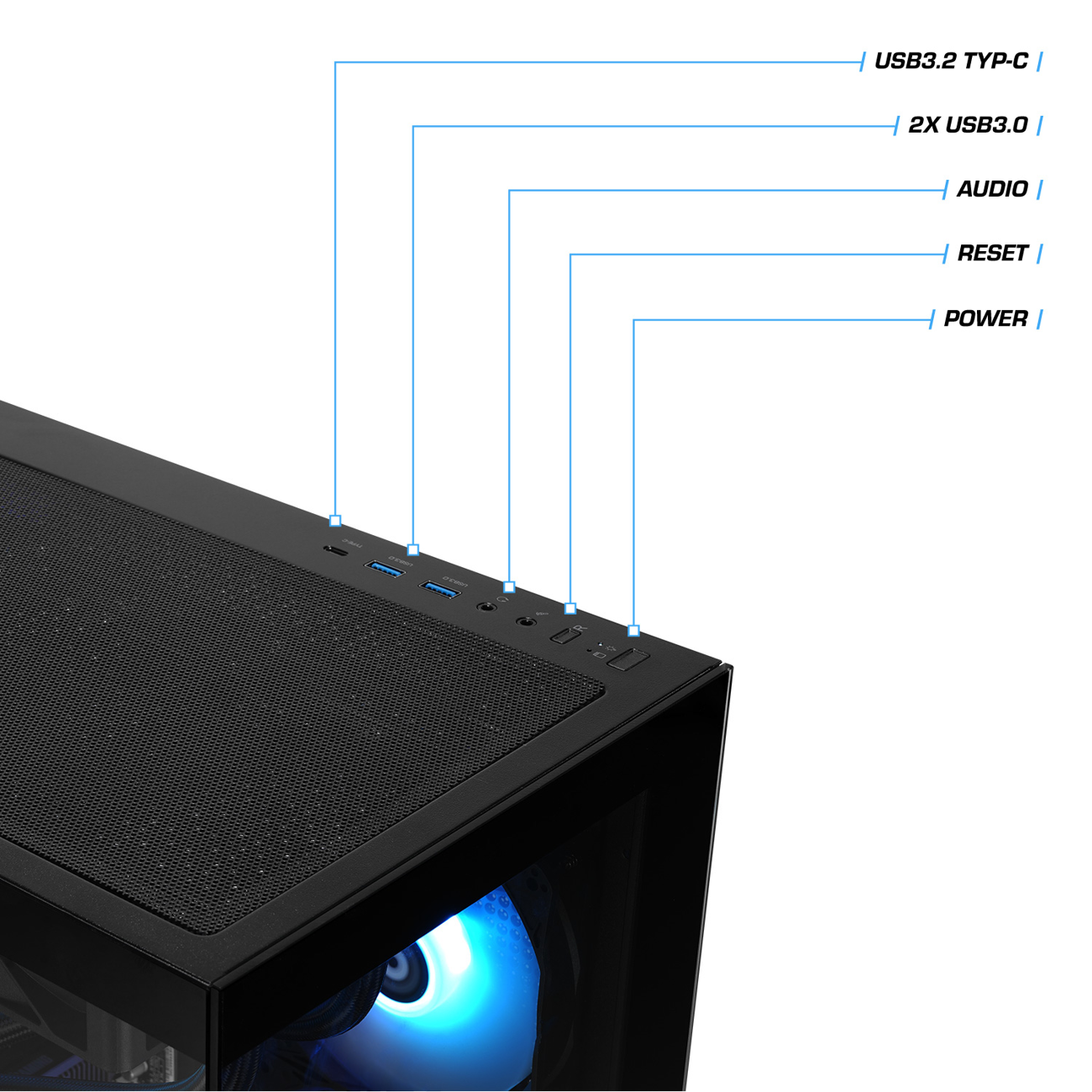 Oberseite eines schwarzen PC-Gehäuses mit Anschlüssen und beschrifteten Linien.