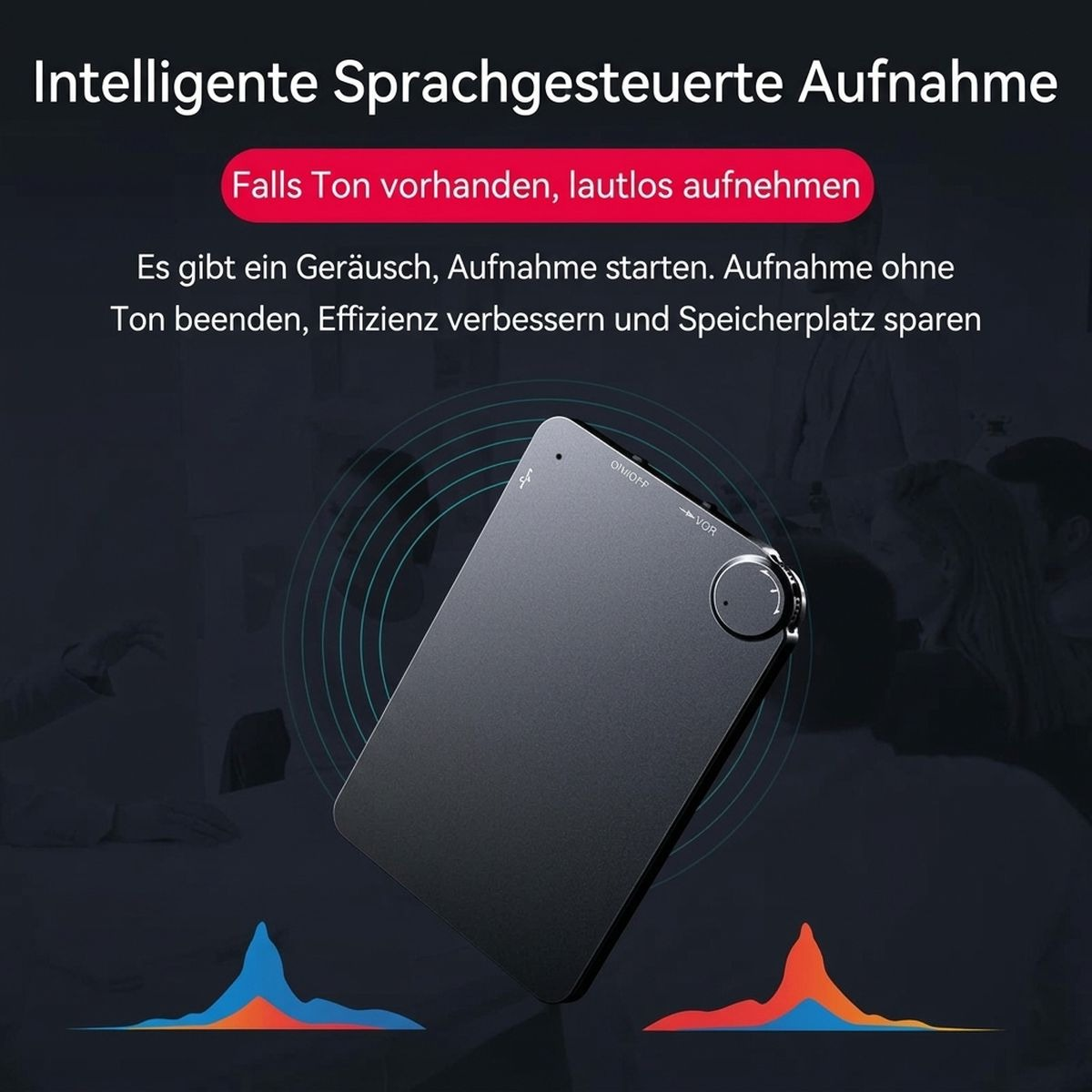 Ein schwarzes Diktiergerät mit Tonwellen und Text auf dunklem Hintergrund.