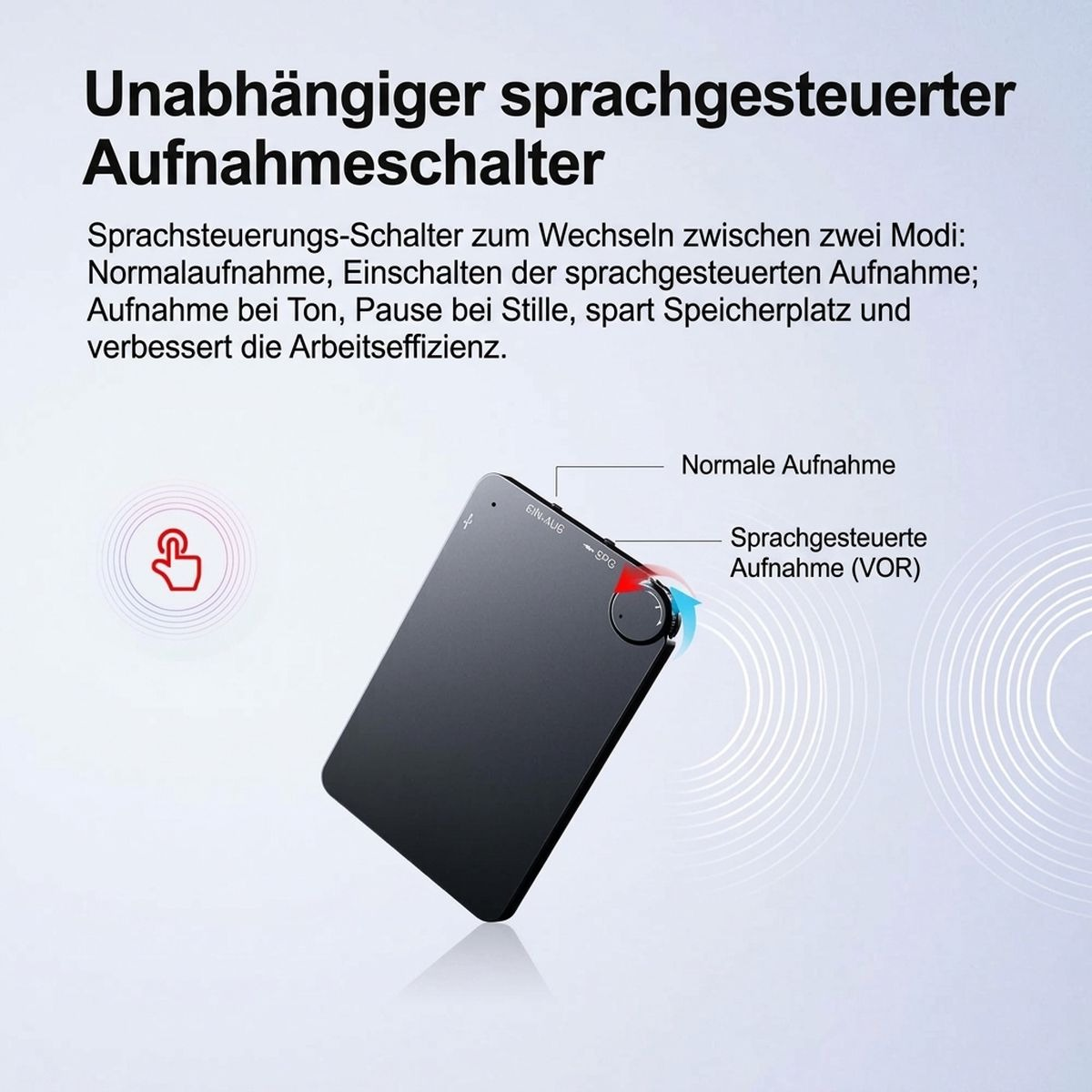 Ein schwarzer Diktiziermaschine mit Sprachsteuerung für normale und sprachaktivierte Aufnahmen.
