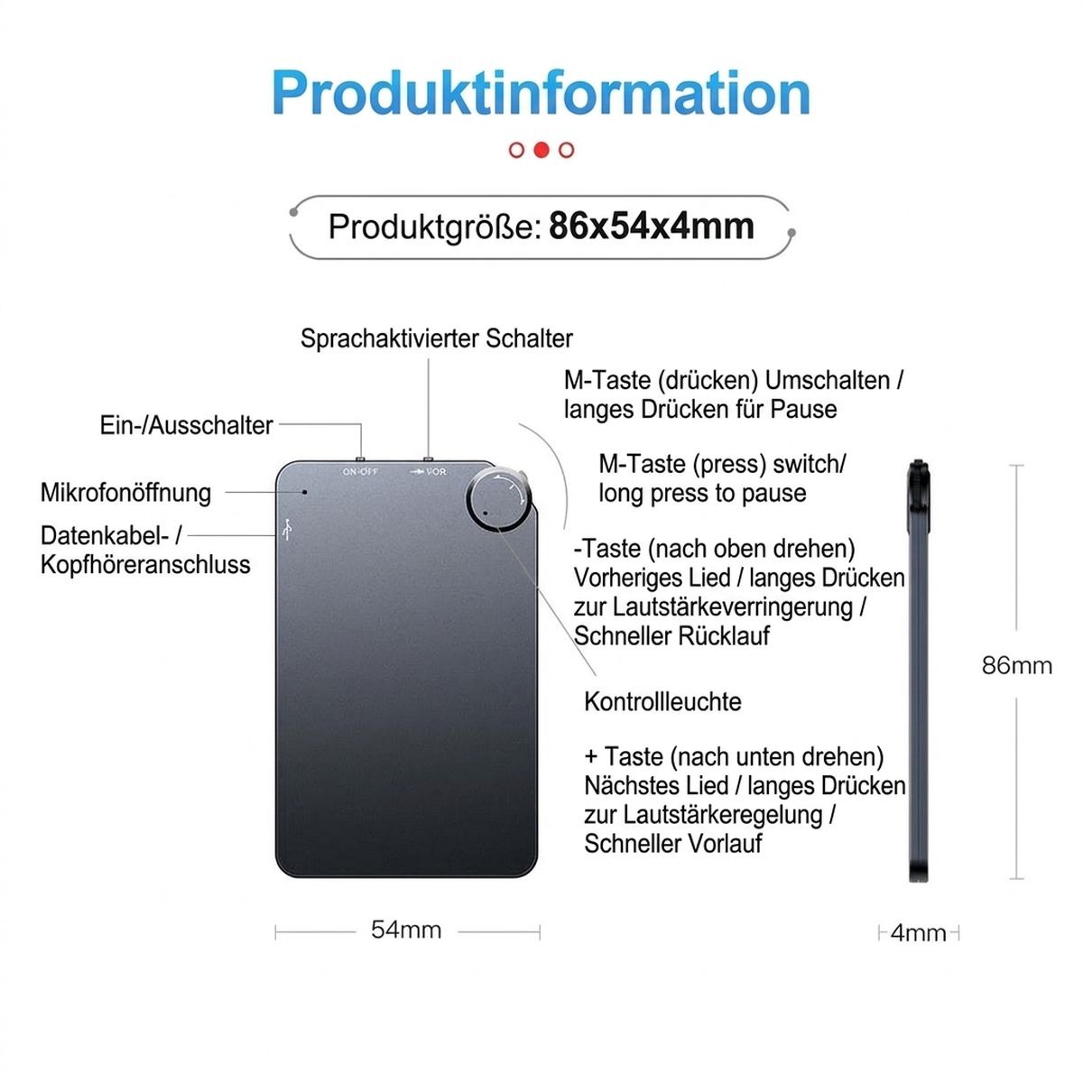 Technische Zeichnung eines elektronischen Geräts mit Maßen 86x54x4mm und deutscher Beschriftung der Bedienelemente.