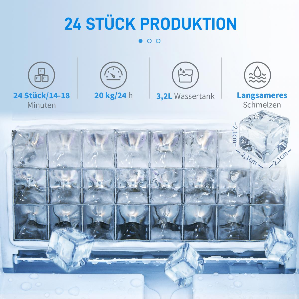 Eiswürfelbereiter-Infografik zeigt 24 Stücke, 20 kg pro Tag, 3,2L Wassertank und Würfelmaße.