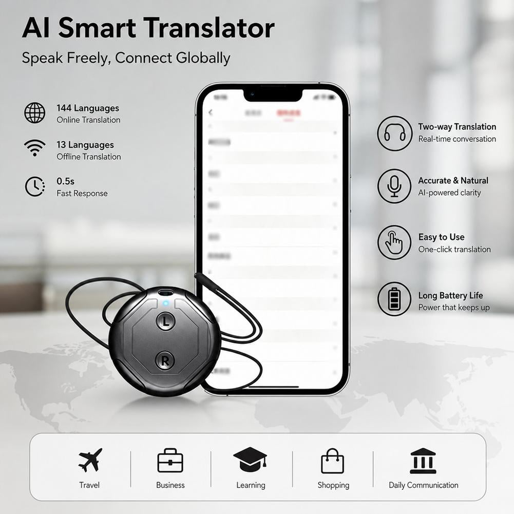 Eine Anzeige für ein KI-Smart-Übersetzungsgerät mit Smartphone, Ohrhörer und Funktionssymbolen.