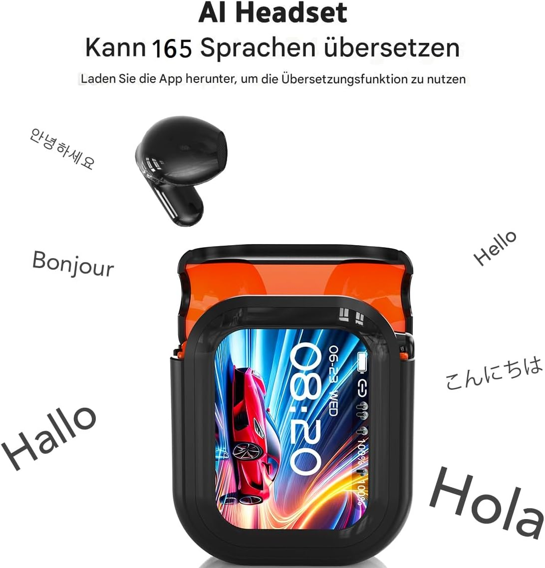 Schwarzes KI-Headset mit Ladecase und internationalem Text.