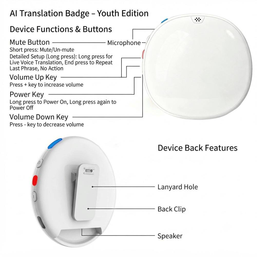 Diagramm zeigt Tasten und Funktionen der AI Translation Badge - Youth Edition.