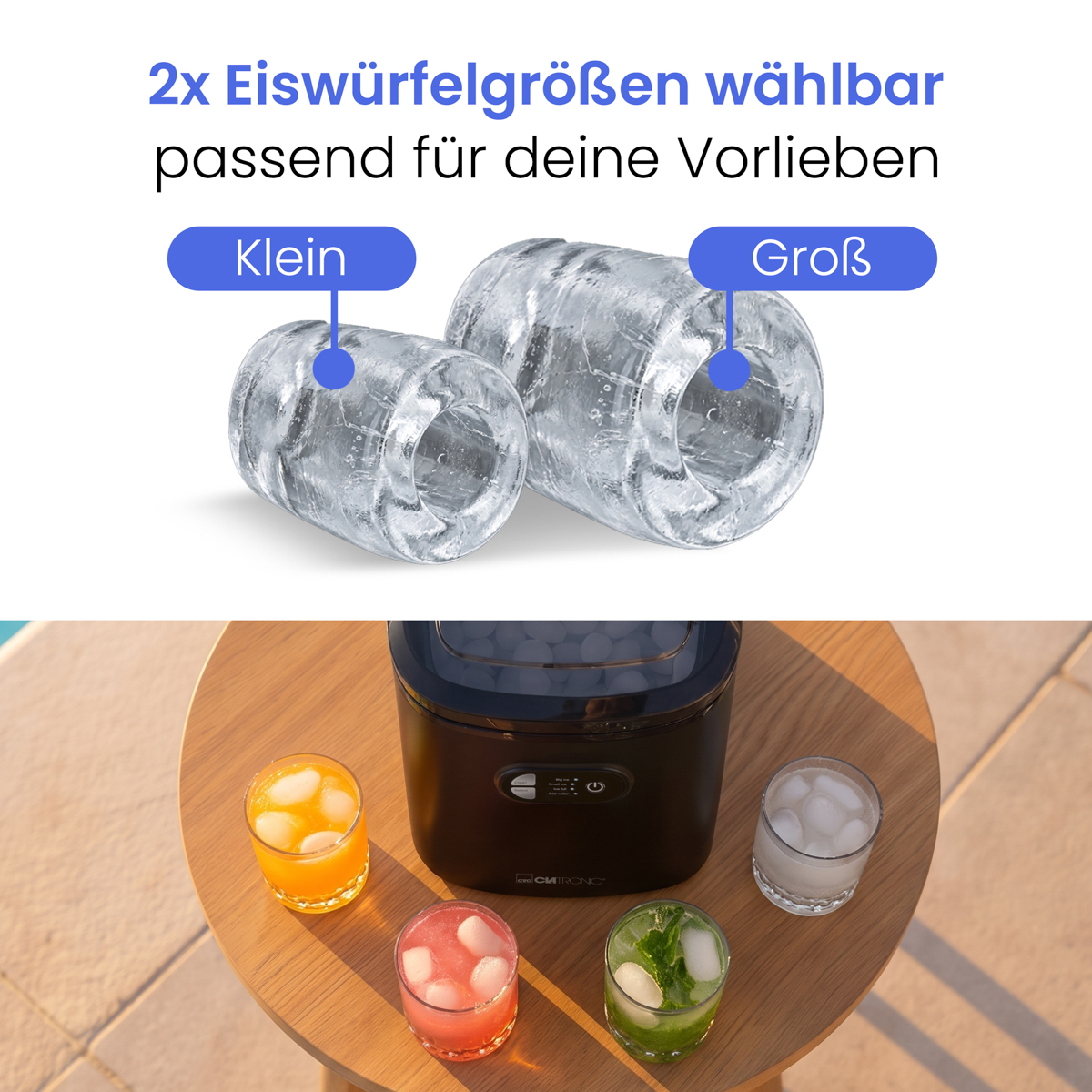 Eisbereiter auf Holztisch mit vier Getränken und zwei Eiswürfelgrößen.